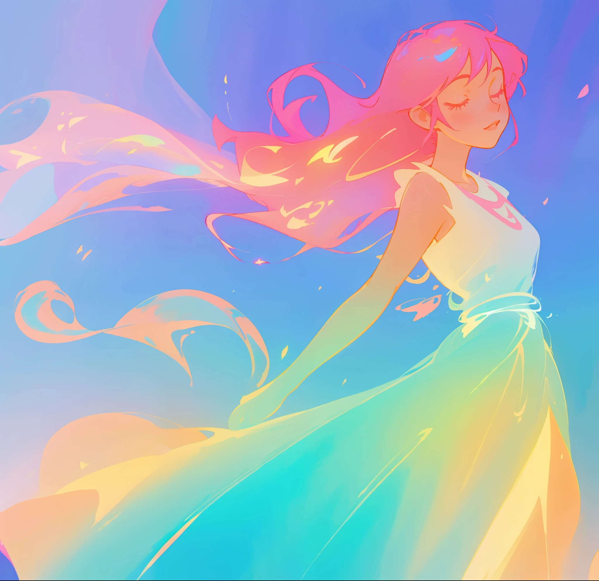 beautiful girl in flowing multi-color gradient dress, long flowing colorful pink hair, watercolor illustration, inspired by Glen Keane, inspired by Lois van Baarle, disney art style, by Lois van Baarle, glowing aura around her, by Glen Keane, jen bartel, glowing lights! digital painting, flowing glowing hair, glowing flowing hair, beautiful digital illustration, fantasia otherworldly landscape plants flowers, beautiful, masterpiece, best quality, anime disney style