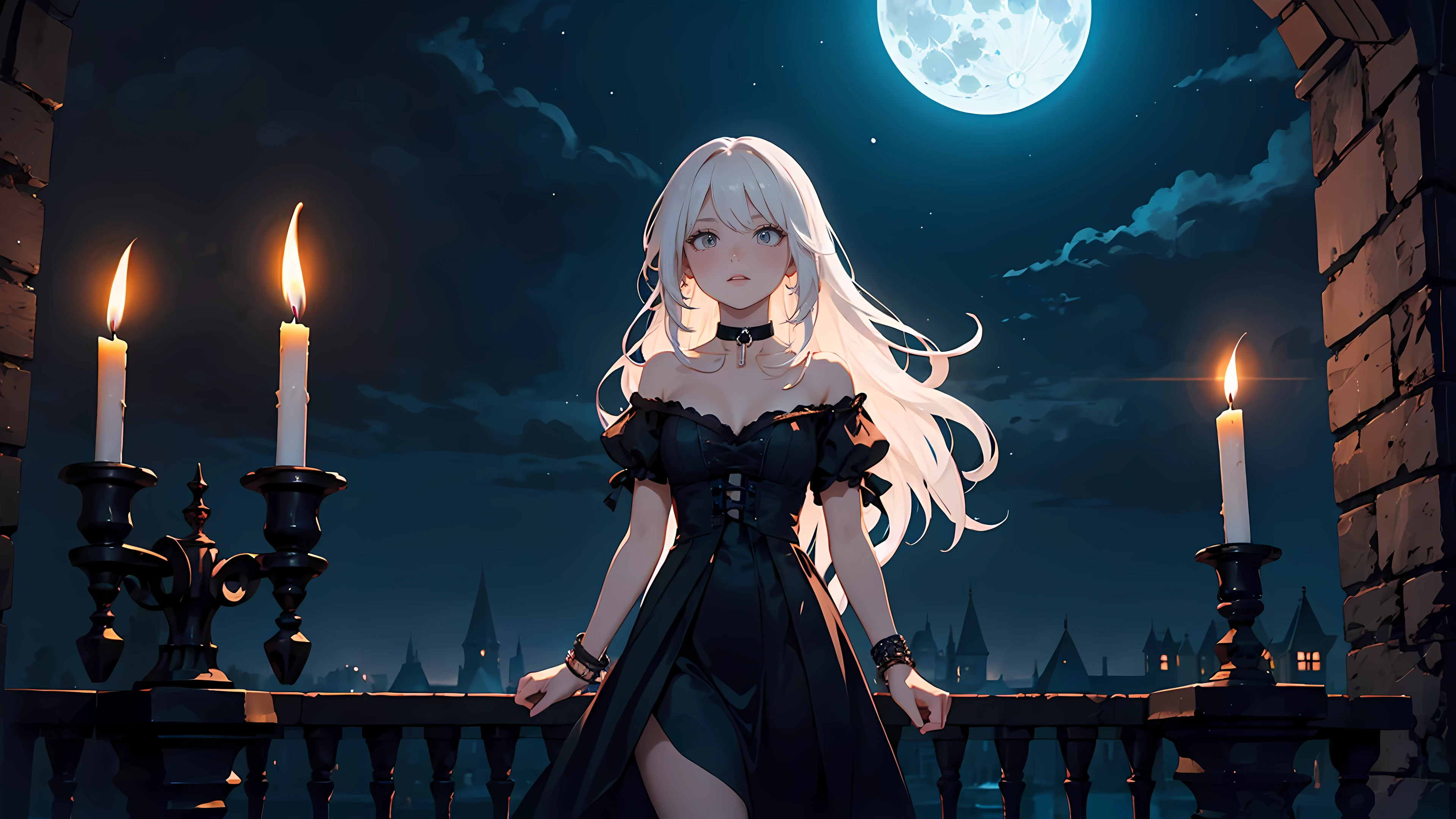((1girl)), long white hair, choker collar, bracelets, long black dress, standing, cowboy shot, gothic castle, night, nighttime, one moon, moonlight, candles, candlelight, dramatic lighting, cinematic lighting, 