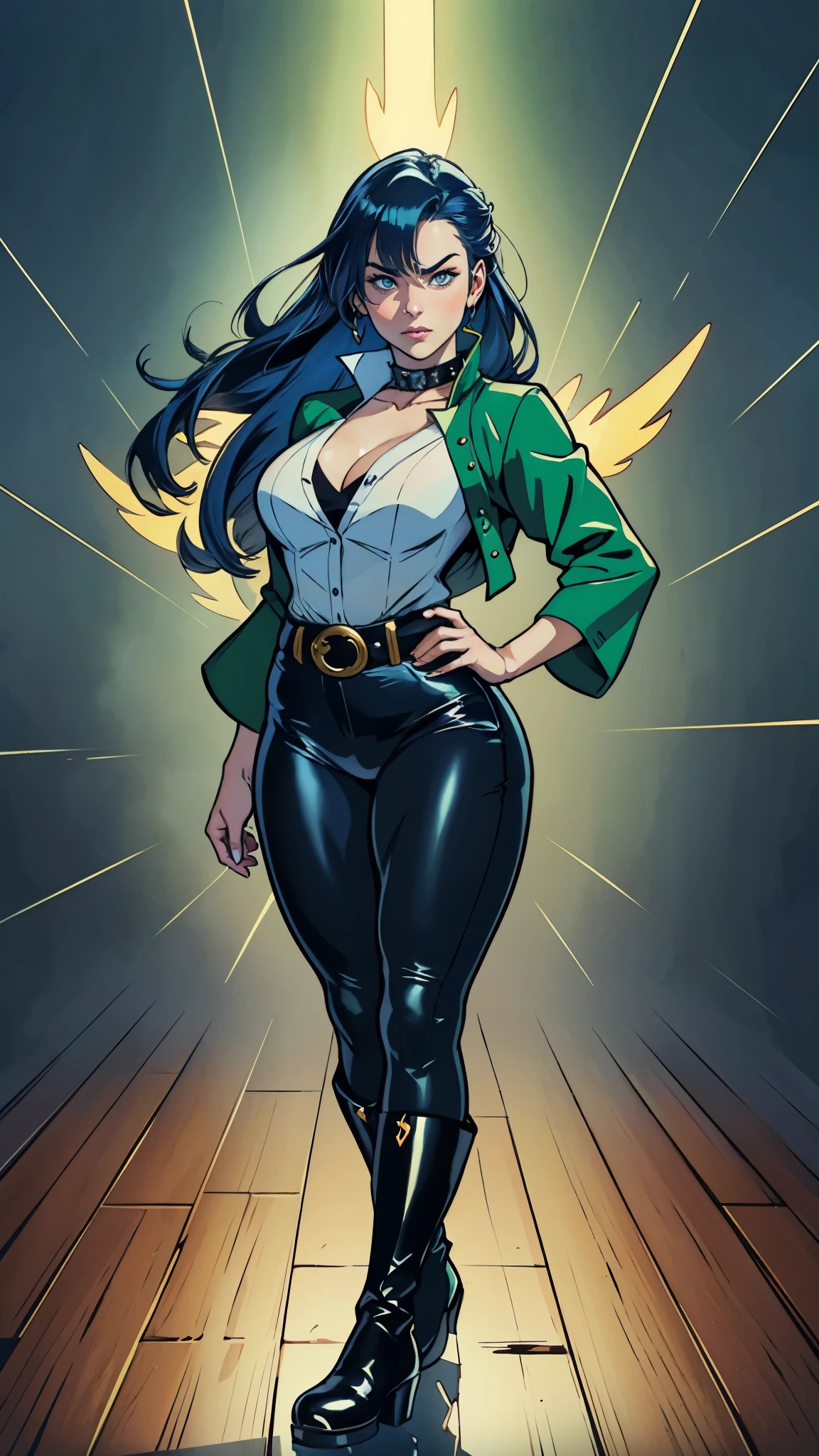 ((A young woman with flowing long dark blue hair, long side part bangs covering the right side of her face, sharp upward-arched thick eyebrows, large expressive eyes, a delicate oval face, a sensual wide mouth, a mocking expression, a fantasy martial arts-style emerald green short jacket with a blue undershirt, a high collar, rolled-up sleeves, matching fabric pants, a yellow waist belt, leather combat boots, one hand rests on her hip, surrounded by a cyan energy aura, standing in a fantasy style Chinese tavern)), this character embodies a finely crafted a fantasy martial arts heroine in anime style, exquisite and mature manga art style, pale skin, high definition, best quality, highres, ultra-detailed, ultra-fine painting, extremely delicate, professional, anatomically correct, symmetrical face, extremely detailed eyes and face, high quality eyes, creativity, RAW photo, UHD, 32k, Natural light, cinematic lighting, masterpiece-anatomy-perfect, masterpiece:1.5