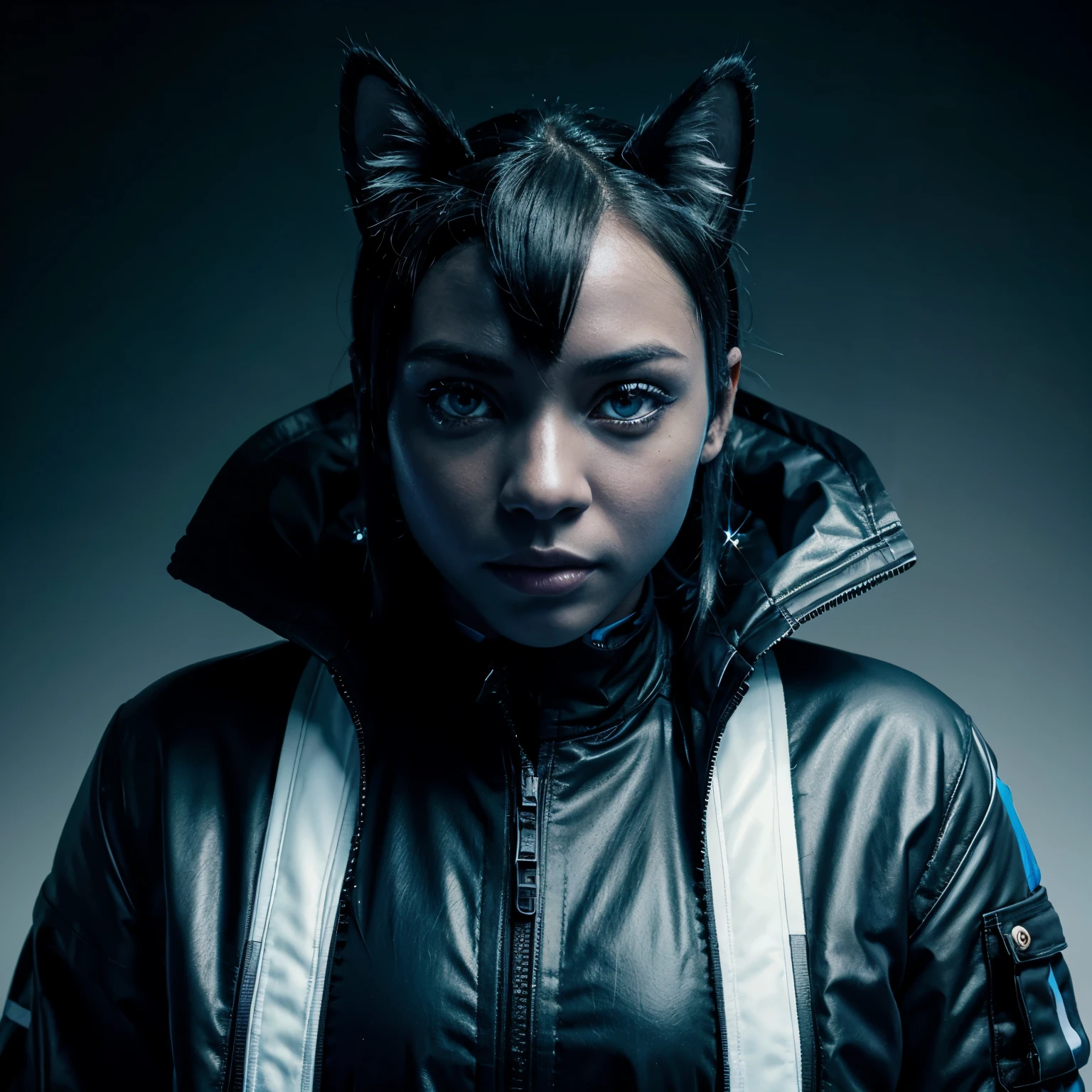 a MINI cute hyperrealistic futuristic MECHANIC cat wearing BLACK jacket. blue skin. Cinematic, hyper detailed, white GRADIENT background , highly detailed, zoomed out, green eyes