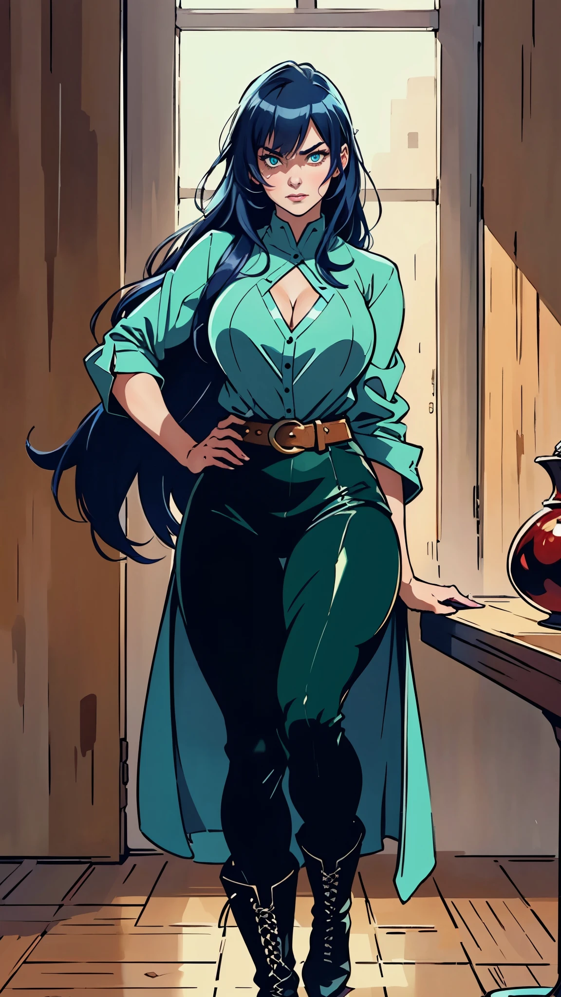 ((A young woman with flowing long dark blue hair, long side part bangs covering the right side of her face, sharp upward-arched thick eyebrows, large expressive eyes, a delicate oval face, a sensual wide mouth, a mocking expression, a fantasy martial arts-style emerald green short jacket with a blue undershirt, a high collar, rolled-up sleeves, matching fabric pants, a yellow waist belt, leather combat boots, one hand rests on her hip, surrounded by a cyan energy aura, standing in a fantasy style Chinese tavern)), this character embodies a finely crafted a fantasy martial arts heroine in anime style, exquisite and mature manga art style, pale skin, high definition, best quality, highres, ultra-detailed, ultra-fine painting, extremely delicate, professional, anatomically correct, symmetrical face, extremely detailed eyes and face, high quality eyes, creativity, RAW photo, UHD, 32k, Natural light, cinematic lighting, masterpiece-anatomy-perfect, masterpiece:1.5
