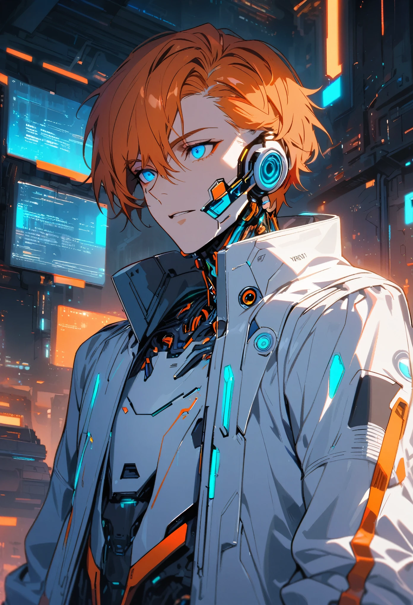 Handsome, solo, 1 male, short hair, orange hair, blue eyes, white clothes, futuristic, cyberpunk, cybernetic, neon, scientist