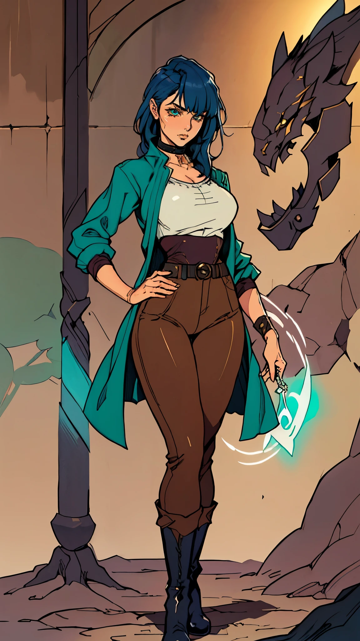 ((A young woman with flowing long dark blue hair, long side part bangs covering the right side of her face, sharp upward-arched thick eyebrows, large expressive eyes, a delicate oval face, a sensual wide mouth, a mocking expression, a fantasy martial arts-style emerald green short jacket with a blue undershirt, a high collar, rolled-up sleeves, matching fabric pants, a yellow waist belt, leather combat boots, one hand rests on her hip, surrounded by a cyan energy aura, standing in a fantasy style Chinese tavern)), this character embodies a finely crafted a fantasy martial arts heroine in anime style, exquisite and mature manga art style, pale skin, high definition, best quality, highres, ultra-detailed, ultra-fine painting, extremely delicate, professional, anatomically correct, symmetrical face, extremely detailed eyes and face, high quality eyes, creativity, RAW photo, UHD, 32k, Natural light, cinematic lighting, masterpiece-anatomy-perfect, masterpiece:1.5
