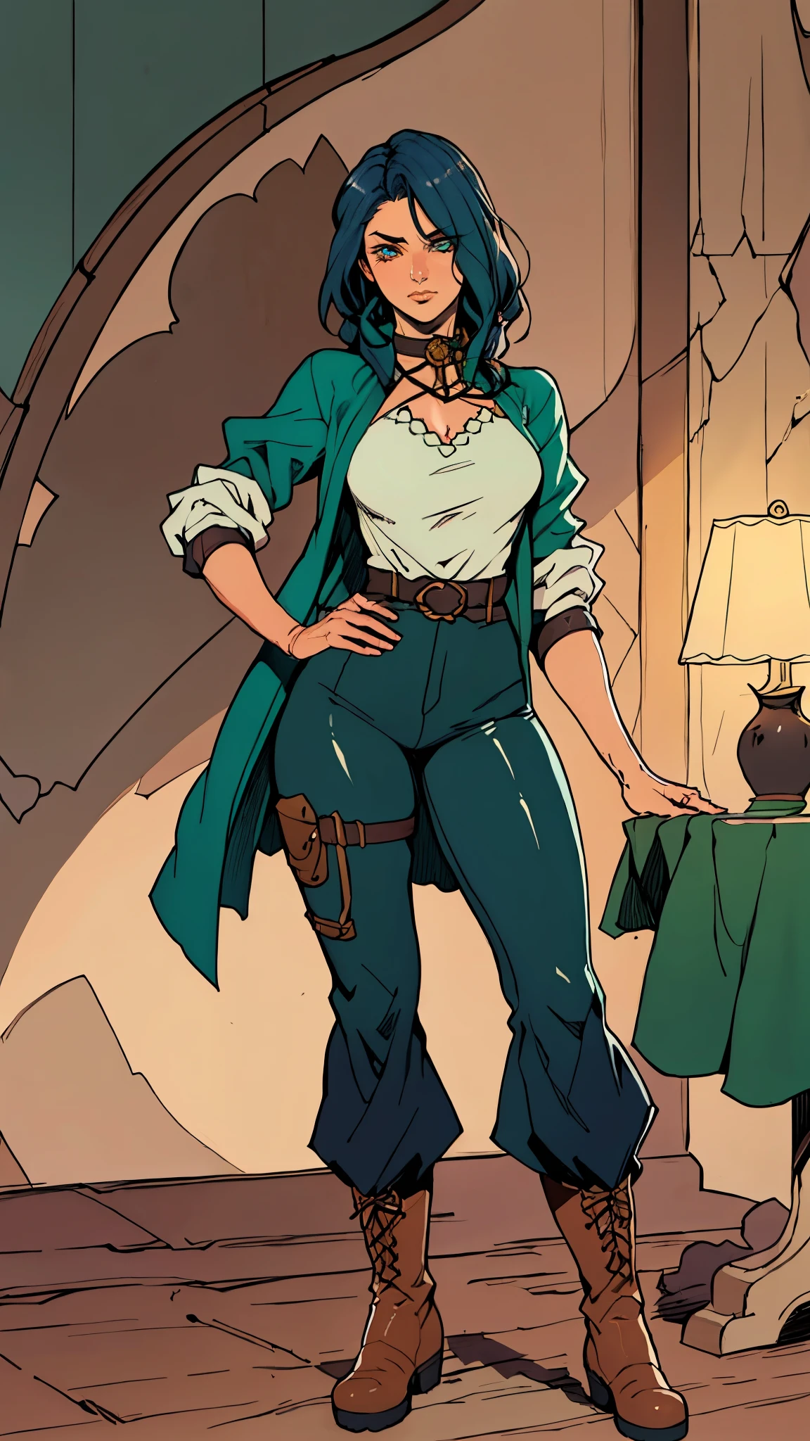 ((A young woman with flowing long dark blue hair, long side part bangs covering the right side of her face, sharp upward-arched thick eyebrows, large expressive eyes, a delicate oval face, a sensual wide mouth, a mocking expression, a fantasy martial arts-style emerald green short jacket with a blue undershirt, a high collar, rolled-up sleeves, matching fabric pants, a yellow waist belt, leather combat boots, one hand rests on her hip, surrounded by a cyan energy aura, standing in a fantasy style Chinese tavern)), this character embodies a finely crafted a fantasy martial arts heroine in anime style, exquisite and mature manga art style, pale skin, high definition, best quality, highres, ultra-detailed, ultra-fine painting, extremely delicate, professional, anatomically correct, symmetrical face, extremely detailed eyes and face, high quality eyes, creativity, RAW photo, UHD, 32k, Natural light, cinematic lighting, masterpiece-anatomy-perfect, masterpiece:1.5
