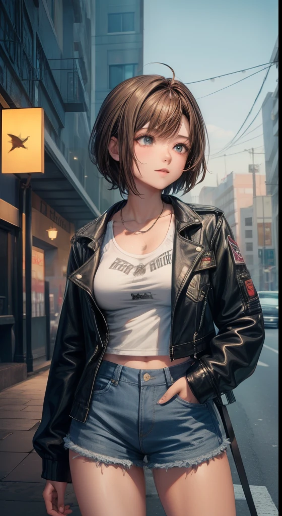 (masterpiece,highest quality,Super detailed),1 girl,brown hair, brown hair with a white line,short hair,medium breasts,denim shorts, Jacket, Rock Punk Fashion,(gray theme),(pastel color theme),in the city,night