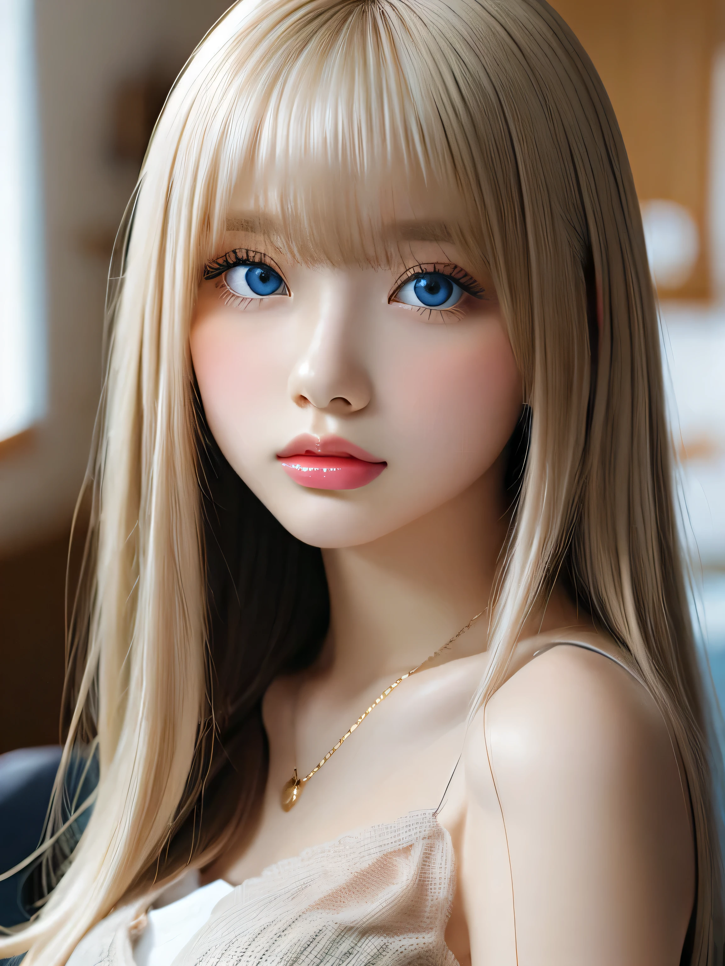 very beautiful face、small face beauty、((Super long silky platinum blonde hair that sparkles with gold))、hair play、Long bangs on the face、16-year-old cute beautiful girl、white and beautiful skin、glowing skin、cheek gloss、gross face、bright, Light marine blue eyes shine、Big eyes、With a round face、beautiful face、big breasts、
