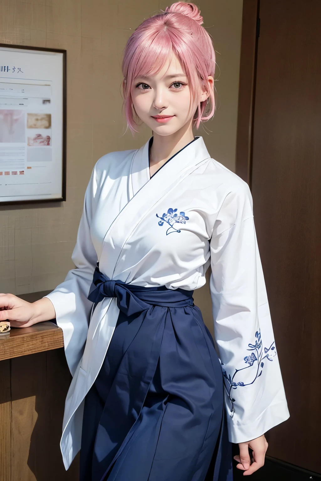 (8K, highest quality, masterpiece:1,2), (realistic, Photoreal:1.37), Super detailed, one girl,), (very detailed), (beautiful detailed eyes), (highest qualityの), (Super detailed ), (masterpiece), (detailed face),20-year-old, ,1 girl, ((pink hair,very short hair)), medium breasts, dressed, perfect lighting, break (navy blue haori:1.3), (white collar:1.2), (three quarter sleeves:1.2), (white kimono:1.4), (nature motif pattern:1.2), (navy blue hakama:1.3), (Ankle length:1.2), (The hem is not too wide:1.2), (white obi:1.4), (simple knot:1.2), (white foot bag:1.2), (Black geta:1.2), (low height:1.2), (Easy to walk:1.2), (bun hair:1.2), (hair ornaments:1.2), (Flowers and strips of paper:1.2), break bun hair, Flowers and strips of paper hair ornaments, smile, friendly, looking at camera, hold soba with right hand, Holding chopsticks with left hand, Do not put sauce on soba, In front of the soba shop counter, Wall with menu and photos, Natural light, soft shadow on the face