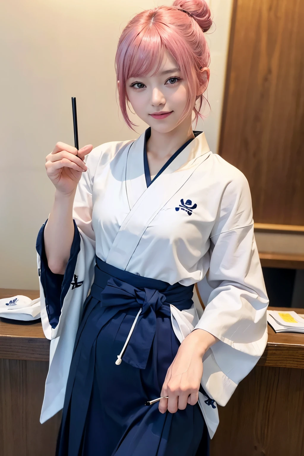 (8K, highest quality, masterpiece:1,2), (realistic, Photoreal:1.37), Super detailed, one girl,), (very detailed), (beautiful detailed eyes), (highest qualityの), (Super detailed ), (masterpiece), (detailed face),20-year-old, ,1 girl, ((pink hair,very short hair)), medium breasts, dressed, perfect lighting, break  (navy blue haori:1.3), (white collar:1.2), (three quarter sleeves:1.2), (white kimono:1.4), (nature motif pattern:1.2), (navy blue hakama:1.3), (Ankle length:1.2), (The hem is not too wide:1.2), (white obi:1.4), (simple knot:1.2), (white foot bag:1.2), (Black geta:1.2), (low height:1.2), (Easy to walk:1.2), (bun hair:1.2), (hair ornaments:1.2), (Flowers and strips of paper:1.2), break bun hair, Flowers and strips of paper hair ornaments, smile, friendly, looking at camera, hold soba with right hand, Holding chopsticks with left hand, Do not put sauce on soba, In front of the soba shop counter, Wall with menu and photos, Natural light, soft shadow on the face
