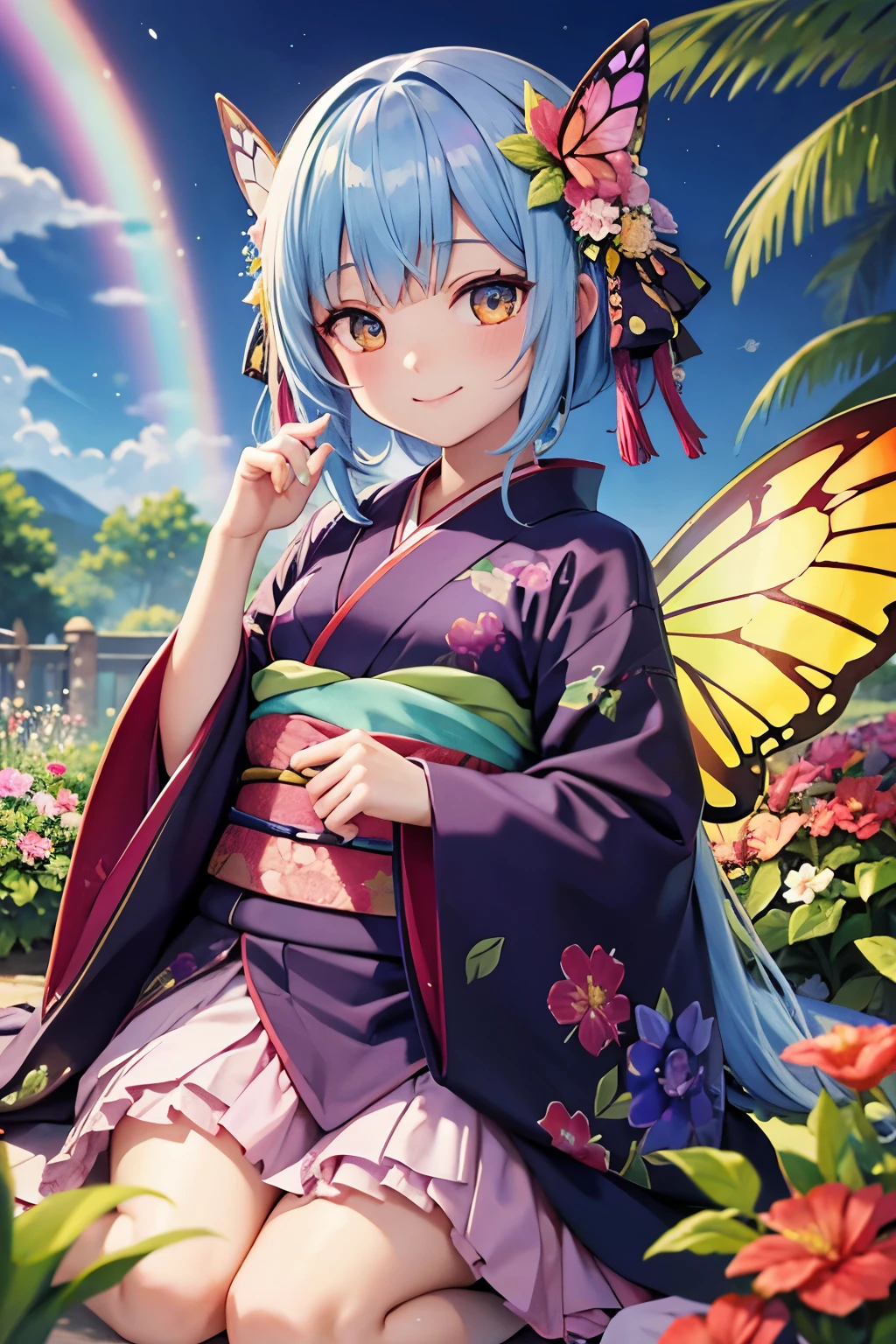 high resolution beautiful skin detailed picture pretty girl villain rainbow colored hair fairy butterfly wings smile plant kimono middle ages flower garden
