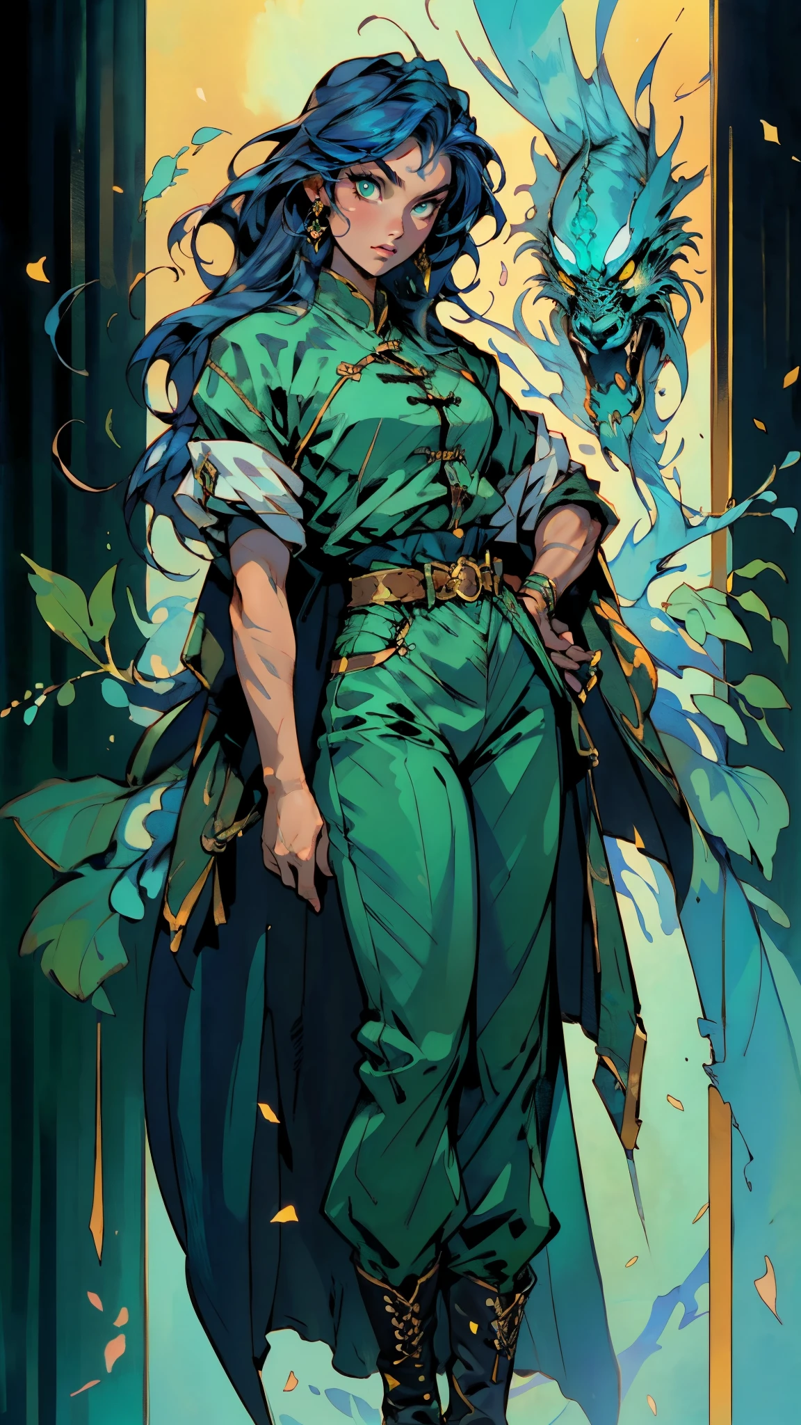 ((A young woman with flowing long dark blue hair, long side part bangs covering the right side of her face, sharp upward-arched thick eyebrows, large expressive eyes, a delicate oval face, a sensual wide mouth, a mocking expression, a fantasy martial arts-style emerald green short jacket with a blue undershirt, a high collar, rolled-up sleeves, matching fabric pants, a yellow waist belt, leather combat boots, one hand rests on her hip, surrounded by a cyan energy aura, standing in a fantasy style Chinese tavern)), this character embodies a finely crafted a fantasy martial arts heroine in anime style, exquisite and mature manga art style, pale skin, high definition, best quality, highres, ultra-detailed, ultra-fine painting, extremely delicate, professional, anatomically correct, symmetrical face, extremely detailed eyes and face, high quality eyes, creativity, RAW photo, UHD, 32k, Natural light, cinematic lighting, masterpiece-anatomy-perfect, masterpiece:1.5