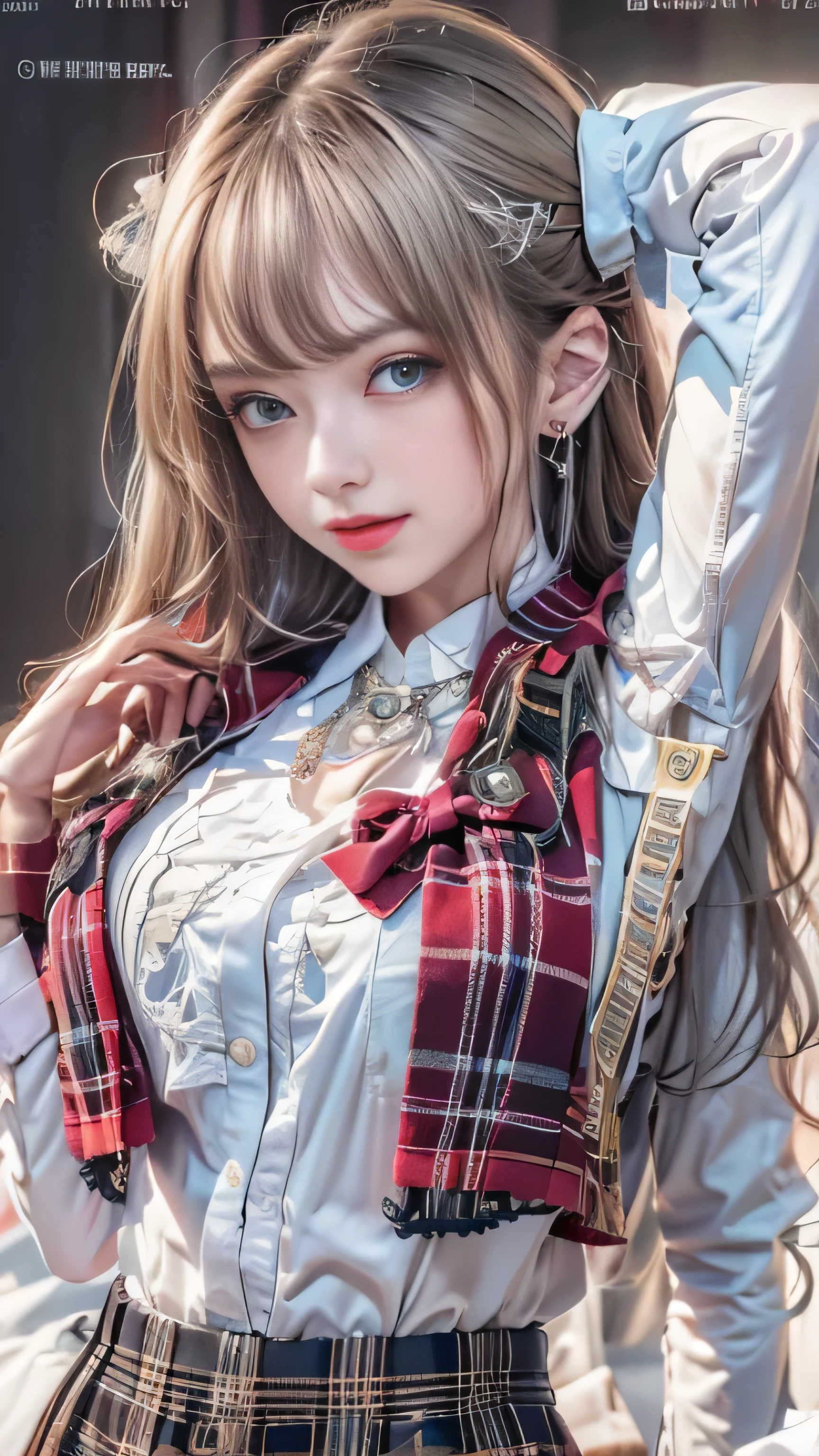 realistic, High resolution, soft light,1 female, alone, jewelry, Current school classroom，the biggest eyes，chest is low, long hair、((color々hair with color)）(Super realistic)、(enlightenment)、(High resolution)、(8K)、(非常にbecome familiar with)、(best illustrations)、(fine and beautiful eyes)、(highest quality),（detailed face）、alone、1 girl in、looking at the viewer、become familiar with、detailed face、in the dark night、deep shadow、private key、Pure erotic face ace_、length、black shawl straight hair、46 point diagonal bangs,Female student、(white blazer、chest emblem)、translucent white blouse、red bow tie、( In bright colors,plaid)、,8K, highest quality, 超High resolution, table top, realistic, realistic, high contrast, photon mapping, real image, smile