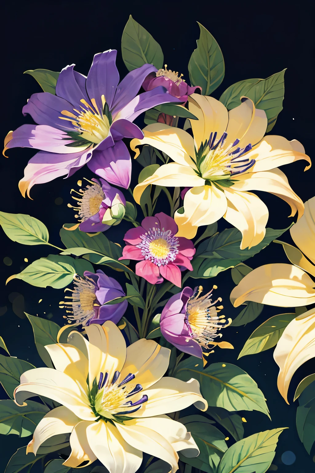 High quality vibrant masterpiece, 4k: 1.2, ultra detailed, photorealistic: 1.37, HDR, studio lighting, vivid colors, bokeh, novel floral cover with passionflower and Hornbeam flowers.