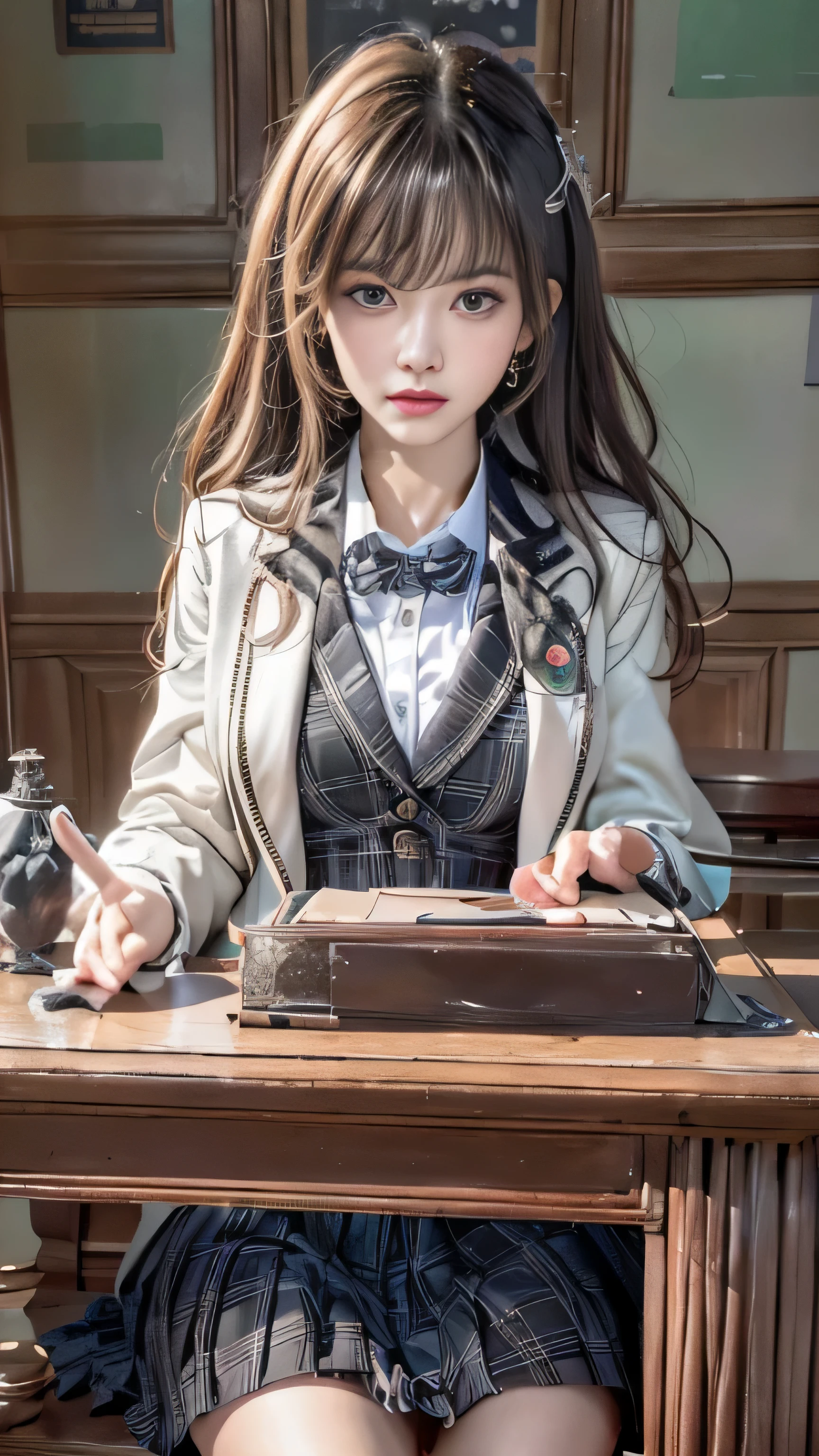 realistic, High resolution, soft light,1 female, alone, jewelry, Current school classroom，the biggest eyes，chest is low, long hair、((color々hair with color)）((girl sitting at desk in classroom)),(Super realistic)、(enlightenment)、(High resolution)、(8K)、(become very familiar)、(best illustrations)、(fine and beautiful eyes)、(highest quality),（detailed face）、alone、1 girl in、looking at the viewer、Pure erotic face ace_、length、black shawl straight hair、46 point diagonal bangs,Female student、(white blazer、chest emblem)、translucent white blouse、red bow tie、( In bright colors,plaid)、,8K, highest quality, 超High resolution, table top, realistic, realistic, high contrast, photon mapping, real image, become super savvy, 