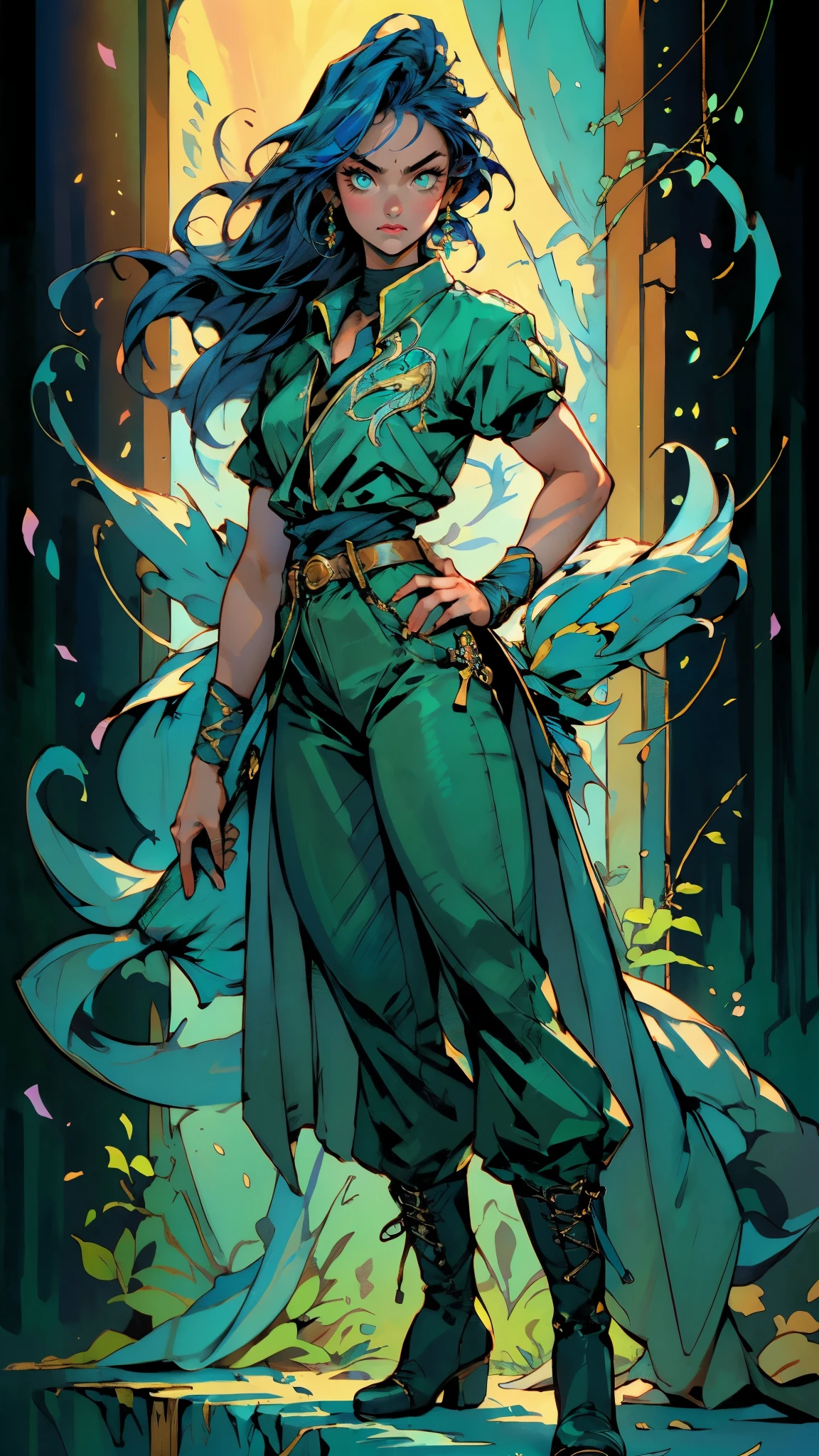 ((A young woman with flowing long dark blue hair, long side part bangs covering the right side of her face, sharp upward-arched thick eyebrows, large expressive eyes, a delicate oval face, a sensual wide mouth, a mocking expression, a fantasy martial arts-style emerald green short jacket with a blue undershirt, a high collar, rolled-up sleeves, matching fabric pants, a yellow waist belt, leather combat boots, one hand rests on her hip, surrounded by a cyan energy aura, standing in a fantasy style Chinese tavern)), this character embodies a finely crafted a fantasy martial arts heroine in anime style, exquisite and mature manga art style, pale skin, high definition, best quality, highres, ultra-detailed, ultra-fine painting, extremely delicate, professional, anatomically correct, symmetrical face, extremely detailed eyes and face, high quality eyes, creativity, RAW photo, UHD, 32k, Natural light, cinematic lighting, masterpiece-anatomy-perfect, masterpiece:1.5