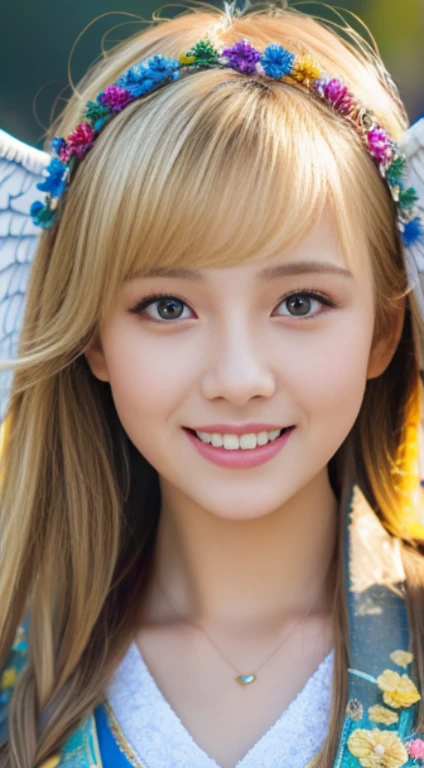 girl, 13 year old blonde,Tags : highly detailed, photo, ultra high resolution, 8k, highly detailed, 8k wallpaper, (intricate details), (highly detailed), 8k hdr, highly detailed, lots of details, high quality, pretty face, pretty eyes, smiling face, (top quality), colorful pretty girl, flower on her head holding, light on face while mixing splash water, super realistic photo, dramatic scene surreal, angel,  clothes, fair complexion, wings covering body