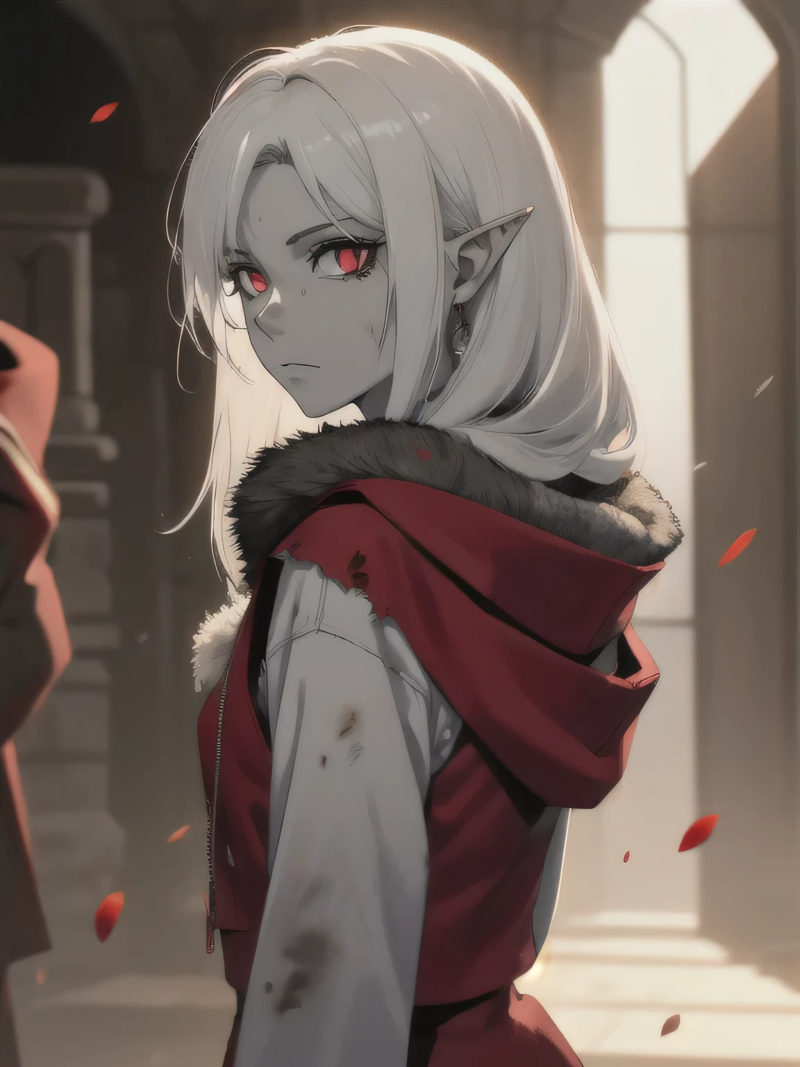 Character design sheet, same character, front, side, back), Masterpiece, best quality, 8k, dramatic lighting, 1girl, (((colorless skin, white skin))), white hair, solo, (long hair, straight hair), expressive eyes, intense expression, crazy eyes, red eyes, snake eyes, pointed ears, red eyeliner, looking at viewer, black leather vest, red hair streaks, Damon’s dark ruins, upper body, small breasts, albino,(mature female, eye wrinkles), ((ragged clothes, long sleeve , torn clothes, dark gray clothes, red wool scarf, fur lined hood, wearing rags, red cloak)), ((dirty clothes))