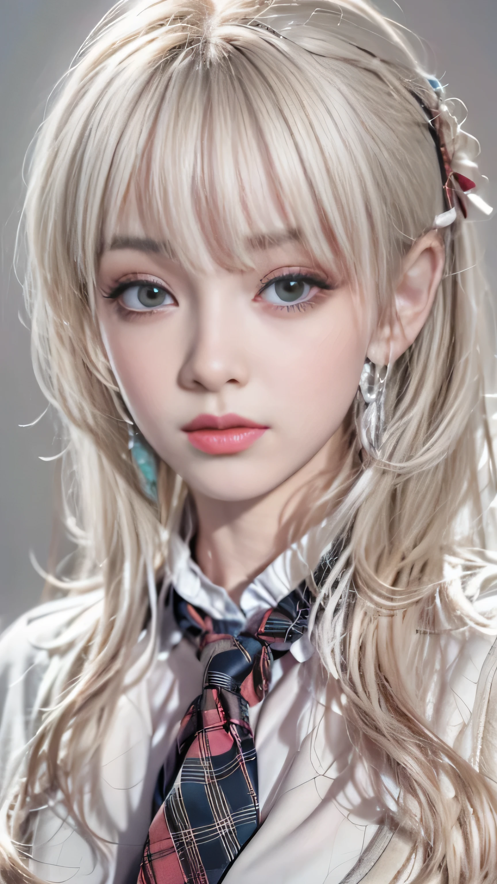 realistic, High resolution, soft light,1 female, alone, jewelry, Current school classroom,the biggest eyes,chest is low, long hair、((color々hair with color))(Super realistic)、(enlightenment)、(High resolution)、(8K)、(非常にbecome familiar with)、(best illustrations)、(fine and beautiful eyes)、(highest quality),(detailed face)、alone、1 girl in、looking at the viewer、become familiar with、detailed face、in the dark night、deep shadow、private key、Pure erotic face ace_、length、black shawl straight hair、46 point diagonal bangs,Female student、(white blazer、chest emblem)、translucent white blouse、red bow tie、( In bright colors,plaid)、,8K, highest quality, 超High resolution, table top, realistic, realistic, high contrast, photon mapping, real image,