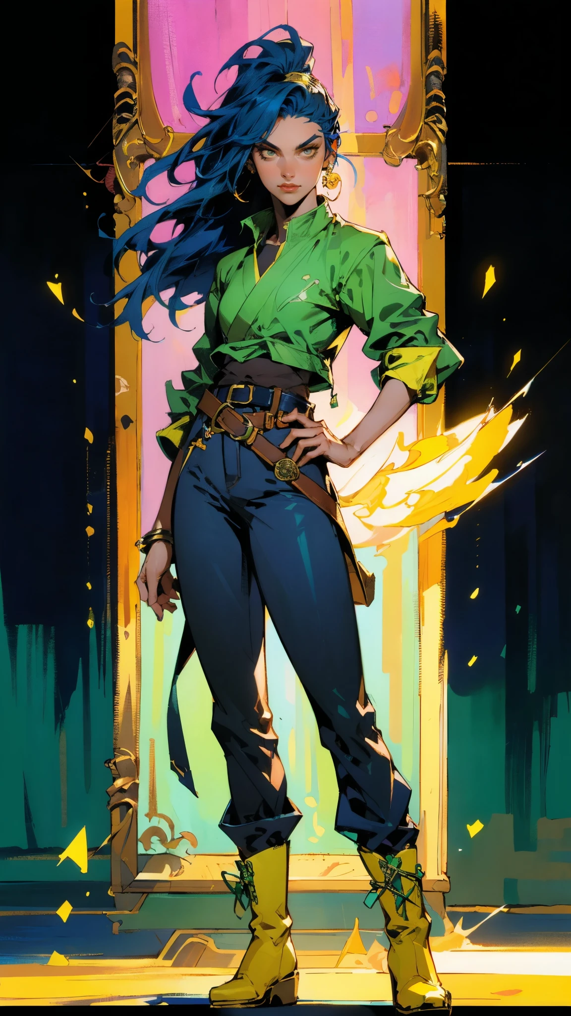 ((A young woman with flowing long dark blue hair, long side part bangs covering the right side of her face, sharp upward-arched thick eyebrows, large expressive eyes, a delicate oval face, a sensual wide mouth, a mocking expression, a fantasy martial arts-style emerald green short jacket with a blue undershirt, a high collar, rolled-up sleeves, matching fabric pants, a yellow waist belt, leather combat boots, one hand rests on her hip, surrounded by a cyan energy aura, standing in a fantasy style Chinese tavern)), this character embodies a finely crafted a fantasy martial arts heroine in anime style, exquisite and mature manga art style, pale skin, high definition, best quality, highres, ultra-detailed, ultra-fine painting, extremely delicate, professional, anatomically correct, symmetrical face, extremely detailed eyes and face, high quality eyes, creativity, RAW photo, UHD, 32k, Natural light, cinematic lighting, masterpiece-anatomy-perfect, masterpiece:1.5