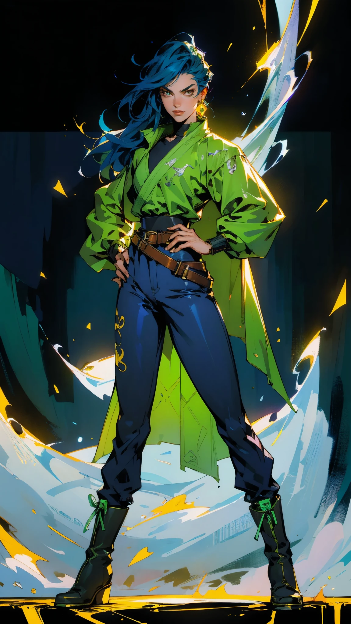 ((A young woman with flowing long dark blue hair, long side part bangs covering the right side of her face, sharp upward-arched thick eyebrows, large expressive eyes, a delicate oval face, a sensual wide mouth, a mocking expression, a fantasy martial arts-style emerald green short jacket with a blue undershirt, a high collar, rolled-up sleeves, matching fabric pants, a yellow waist belt, leather combat boots, one hand rests on her hip, surrounded by a cyan energy aura, standing in a fantasy style Chinese tavern)), this character embodies a finely crafted a fantasy martial arts heroine in anime style, exquisite and mature manga art style, pale skin, high definition, best quality, highres, ultra-detailed, ultra-fine painting, extremely delicate, professional, anatomically correct, symmetrical face, extremely detailed eyes and face, high quality eyes, creativity, RAW photo, UHD, 32k, Natural light, cinematic lighting, masterpiece-anatomy-perfect, masterpiece:1.5
