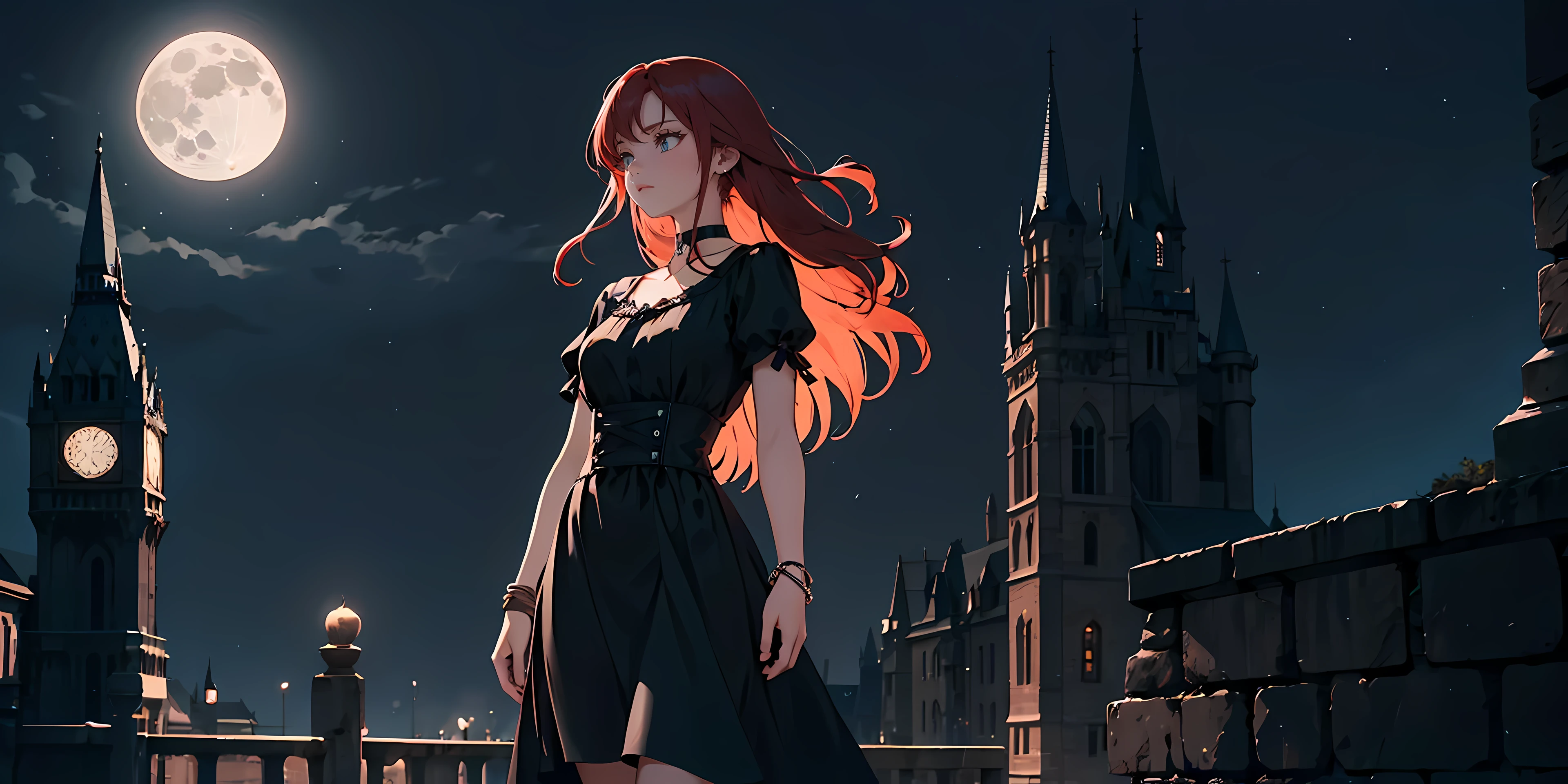((1girl)), long red hair, choker collar, bracelets, long black dress, standing, cowboy shot, gothic castle, night, nighttime, one moon, moonlight, dramatic lighting, cinematic lighting,