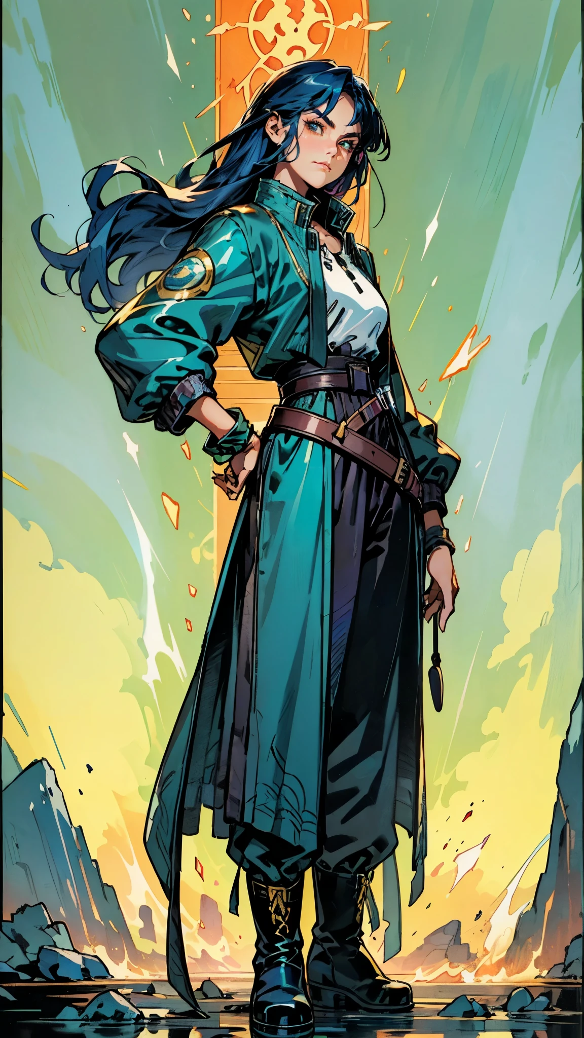 ((A young woman with flowing long dark blue hair, long side part bangs covering the right side of her face, sharp upward-arched thick eyebrows, large expressive eyes, a delicate oval face, a sensual wide mouth, a mocking expression, a fantasy martial arts-style emerald green short jacket with a blue undershirt, a high collar, rolled-up sleeves, matching fabric pants, a yellow waist belt, leather combat boots, one hand rests on her hip, surrounded by a cyan energy aura, standing in a fantasy style Chinese tavern)), this character embodies a finely crafted a fantasy martial arts heroine in anime style, exquisite and mature manga art style, pale skin, high definition, best quality, highres, ultra-detailed, ultra-fine painting, extremely delicate, professional, anatomically correct, symmetrical face, extremely detailed eyes and face, high quality eyes, creativity, RAW photo, UHD, 32k, Natural light, cinematic lighting, masterpiece-anatomy-perfect, masterpiece:1.5