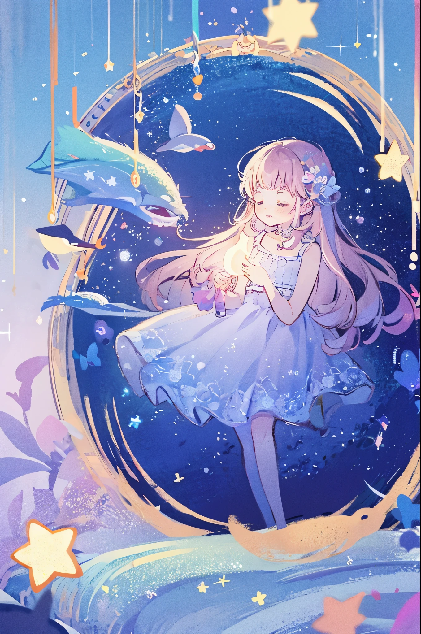 complex background, wishing star background, a woman wearing an ethereal mystical pink translucent dress that reflects the stars, perfume promo art, mystic, complex drawing, highly detailed, Covergirl brand, promo art, artistic rendition, ethereal, starry night, midjourney style
