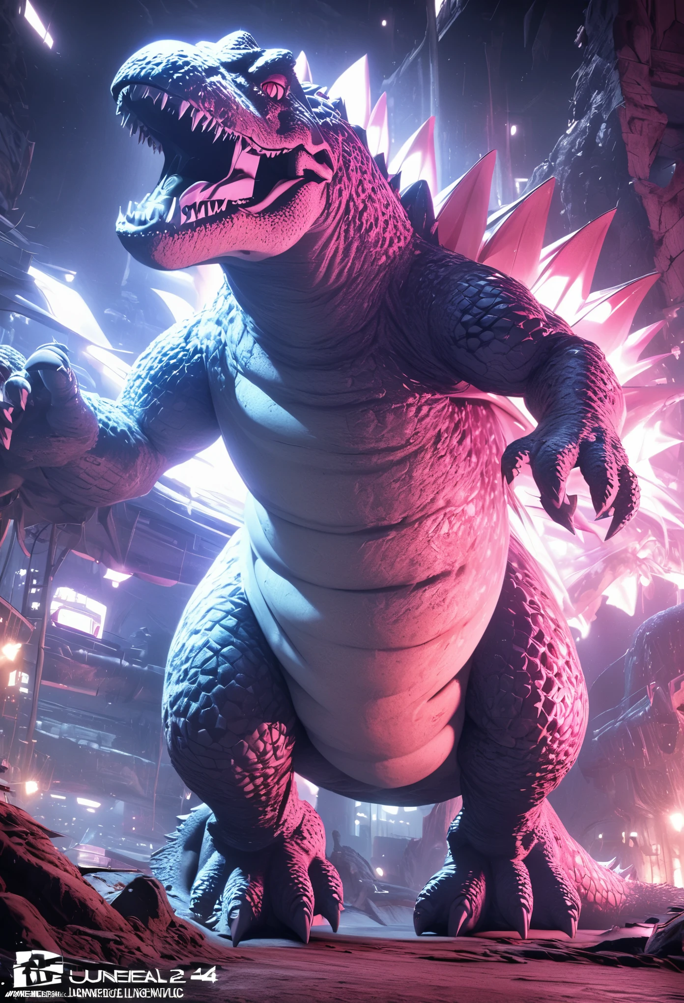 (romantic、Innocent、𝓡𝓸𝓶𝓪𝓷𝓽𝓲𝓬、Tyndall effect),(movie godzilla:1.5),The backdrop is a futuristic city, science fiction style, blue and violet, bright, Sky background at night. Super real photos,Unreal Engine , Photorealistic lighting, Surreal lighting, Unreal Engine art, Highly detailed scenes, rendered in Unreal Engine 4 k hq, rendered in Unreal Engine 4k hq, surreal lighting