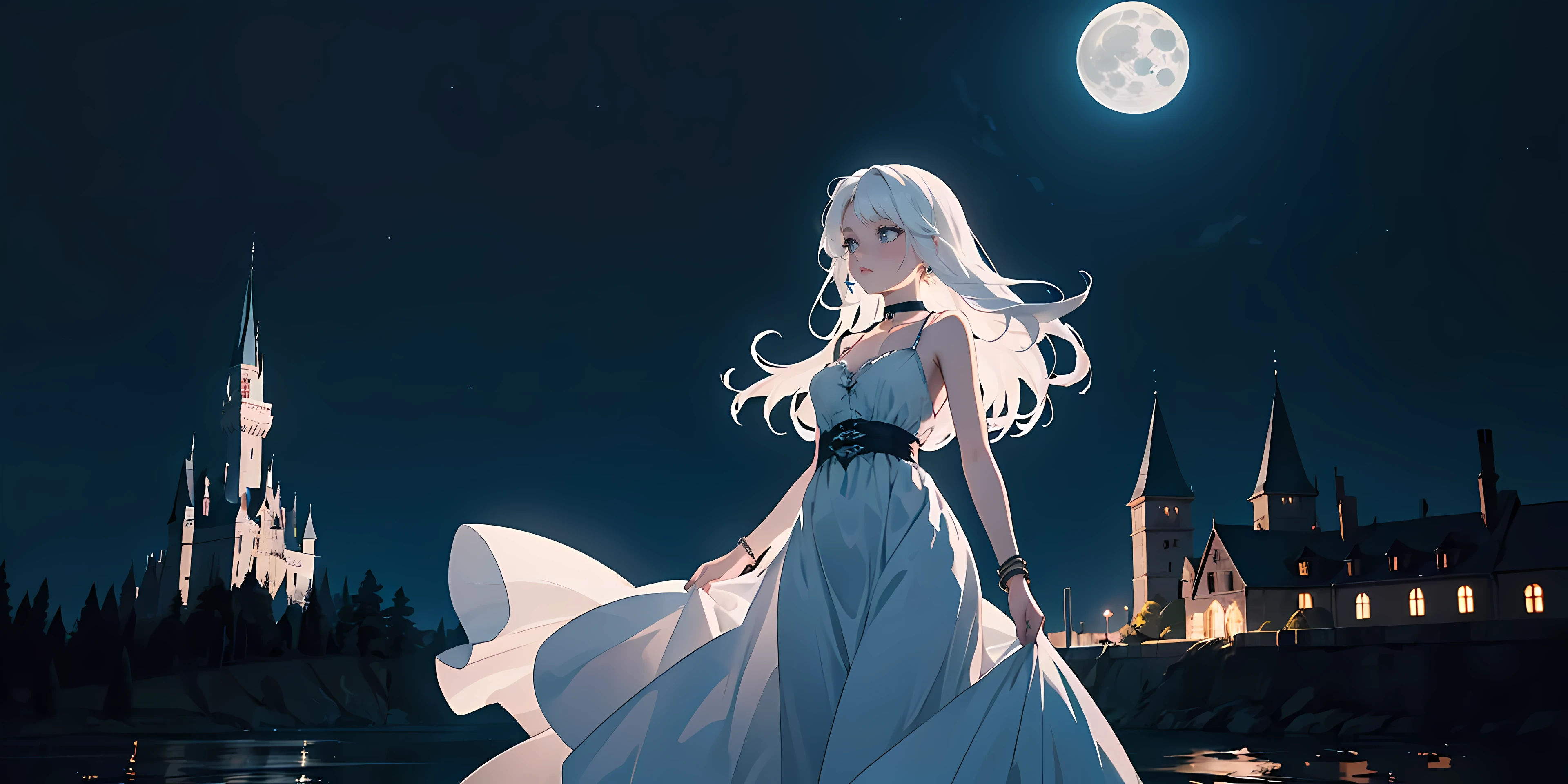 ((1girl)), long white hair, choker collar, bracelets, long white dress, standing, cowboy shot, gothic castle, night, nighttime, one moon, moonlight, dramatic lighting, cinematic lighting,