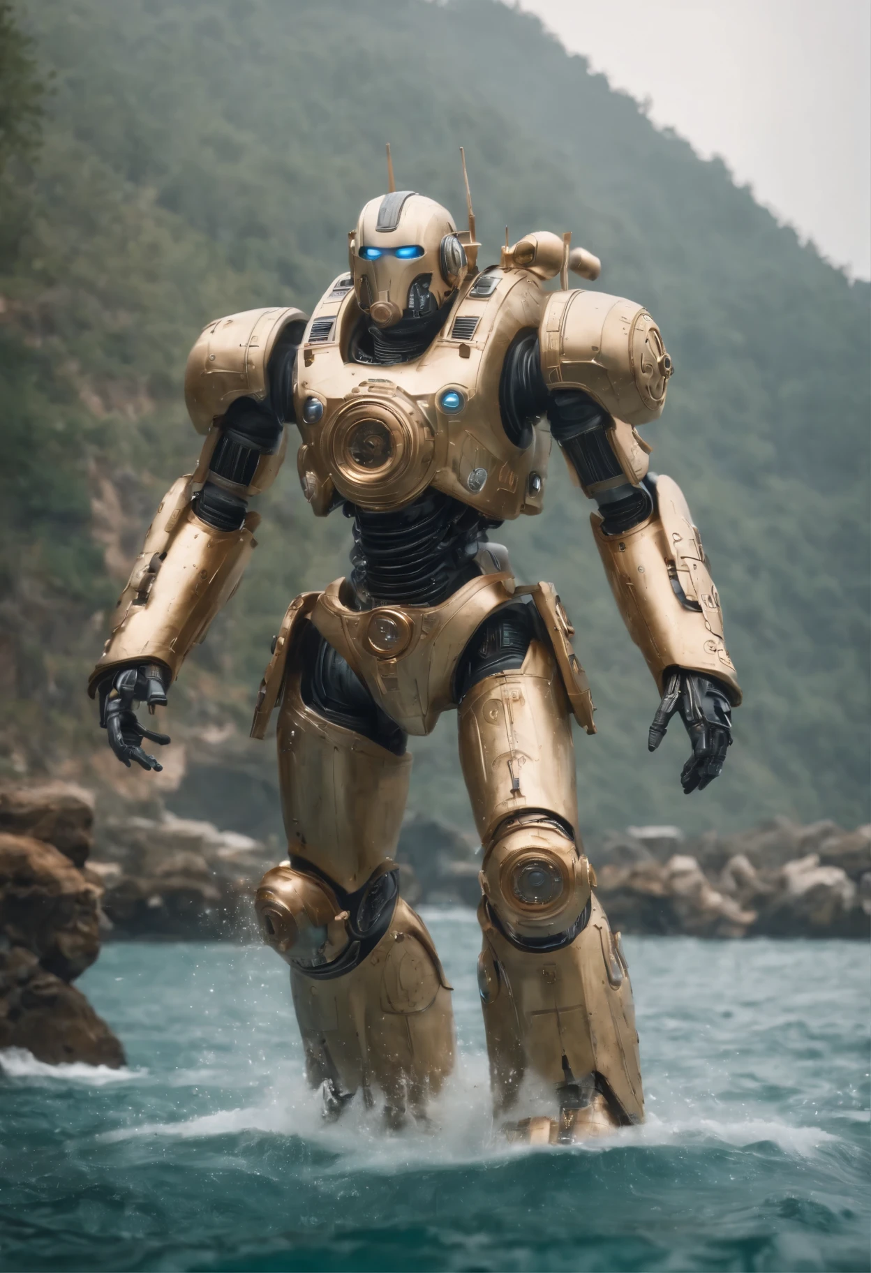 由黄金和玻璃组成of生物力学哥斯拉怪物, 复杂of细节, of, Super detailed, 逼真of,3D style,Cyborg style,In the water,Steampunk,Biopunk style,movie stills,Semi-mechanical,Futurism,电影般of