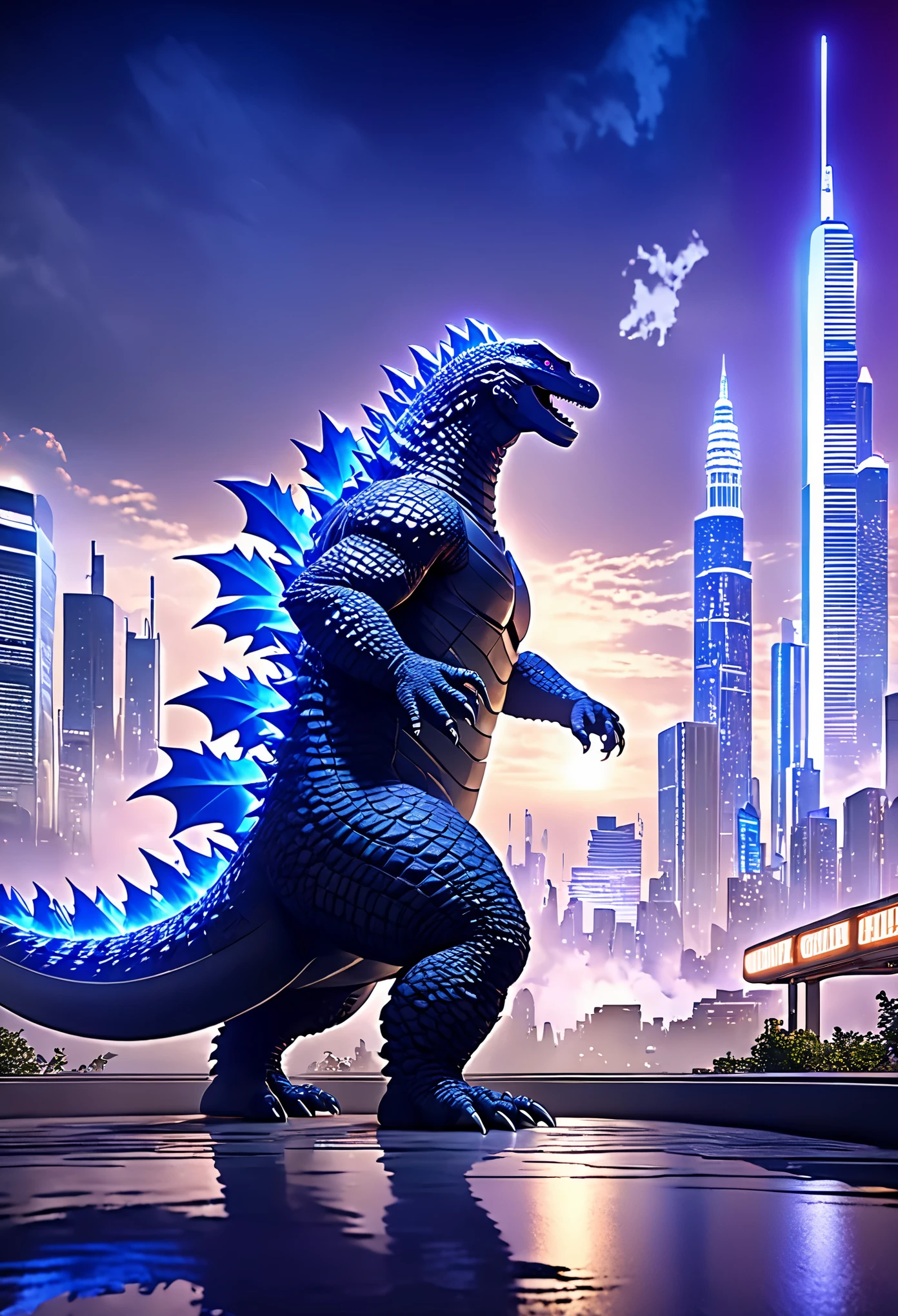 （romantic、Innocent、𝓡𝓸𝓶𝓪𝓷𝓽𝓲𝓬、Tyndall effect）,(movie godzilla:1.5)，The backdrop is a futuristic city, science fiction style, blue and violet, bright, Sky background at night. Super real photos,Unreal Engine , Photorealistic lighting, Surreal lighting, Unreal Engine art, Highly detailed scenes, rendered in Unreal Engine 4 k hq, rendered in Unreal Engine 4k hq, surreal lighting