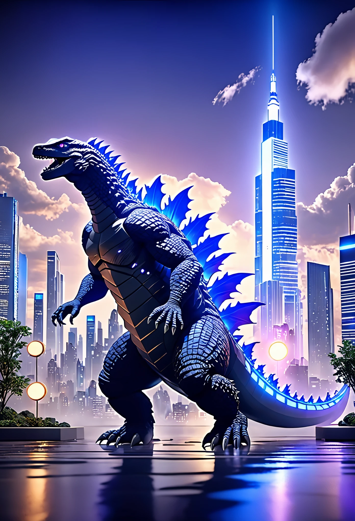 （romantic、Innocent、𝓡𝓸𝓶𝓪𝓷𝓽𝓲𝓬、Tyndall effect）,(movie godzilla:1.5)，The backdrop is a futuristic city, science fiction style, blue and violet, bright, Sky background at night. Super real photos,Unreal Engine , Photorealistic lighting, Surreal lighting, Unreal Engine art, Highly detailed scenes, rendered in Unreal Engine 4 k hq, rendered in Unreal Engine 4k hq, surreal lighting