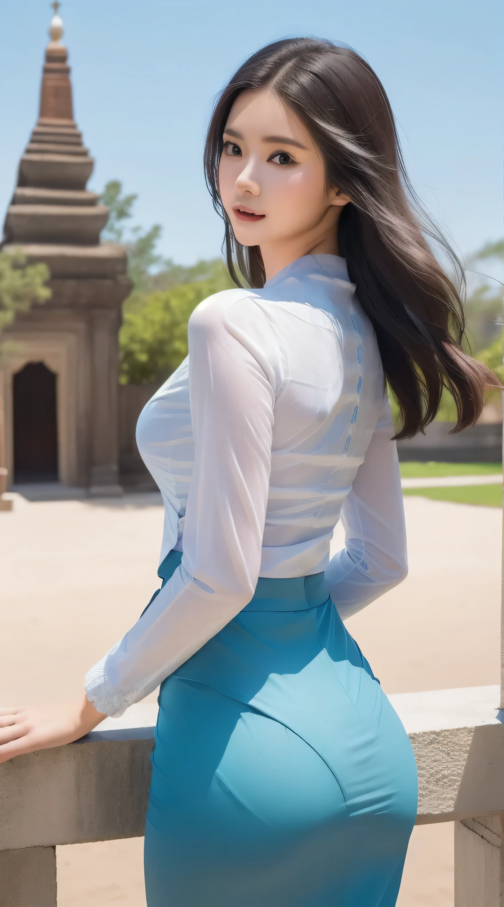 (masterpiece, best quality , high resolution:1.2), (photo realistic:1.2), (intricate and beautiful:1.2) , detailed light, bright light, (colorful and dynamic angle), upper body shot, fashion photography, 1 girl, acmm ls outfit, wearing acmm top, blue acmm top, long sleeves, wearing acmm long skirt, blue acmm long skirt, printed skirt, posing for photo, long straight hair, teasing look, gazing with a playful and teasing expression, igniting curiosity and attraction, attractive, outdoors, scenery, traditional media, sky, day, photo background, real world location, architecture, nature, ruins, landscape, bagan ancient pagoda background,
emphasize round ass,produding round ass,
cowboy shooting,