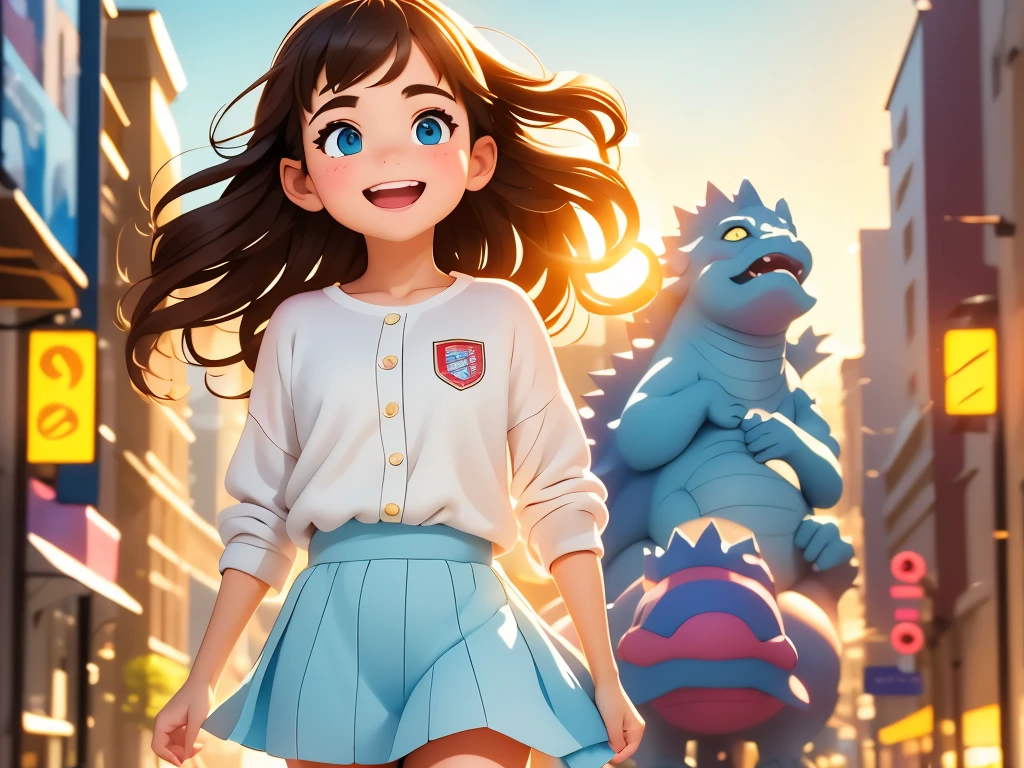 (best quality,4k,highres,masterpiece:1.2),ultra-detailed,realistic,photorealistic:1.37,portraits,fine art,crayon,impressionism,pastel,studio lighting,professional,sharp focus,HDR,UHD,physically-based rendering,vivid colors,bokeh,colorful lighting
A girl riding on Godzilla, walking through the streets. The girl's face is filled with excitement and joy as she holds onto Godzilla's scales tightly. The cityscape in the background is beautifully illuminated, with warm sunlight shining through the buildings. The girl's hair flows in the wind, with strands gently swaying as she rides on Godzilla's back. The streets are filled with people who are in awe of the magical sight they behold. The buildings are rendered in ultra-detailed fashion, showcasing intricate architectural designs and textures. The girl's clothes are vibrant and colorful, adding to the overall lively atmosphere of the scene. The artist uses a combination of impressionism and pastel techniques, creating a dreamlike environment. The lighting is carefully crafted to highlight the girl, Godzilla, and the city, with soft studio lighting creating a warm and inviting ambiance. The final artwork is a masterpiece, with high-resolution details that bring the scene to life.