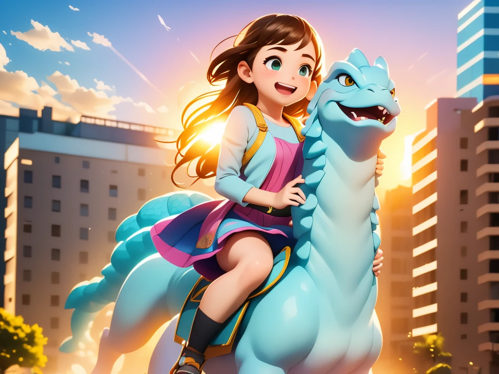 (best quality,4k,highres,masterpiece:1.2),ultra-detailed,realistic,photorealistic:1.37,portraits,fine art,crayon,impressionism,pastel,studio lighting,professional,sharp focus,HDR,UHD,physically-based rendering,vivid colors,bokeh,colorful lighting
A girl riding on Godzilla, walking through the streets. The girl's face is filled with excitement and joy as she holds onto Godzilla's scales tightly. The cityscape in the background is beautifully illuminated, with warm sunlight shining through the buildings. The girl's hair flows in the wind, with strands gently swaying as she rides on Godzilla's back. The streets are filled with people who are in awe of the magical sight they behold. The buildings are rendered in ultra-detailed fashion, showcasing intricate architectural designs and textures. The girl's clothes are vibrant and colorful, adding to the overall lively atmosphere of the scene. The artist uses a combination of impressionism and pastel techniques, creating a dreamlike environment. The lighting is carefully crafted to highlight the girl, Godzilla, and the city, with soft studio lighting creating a warm and inviting ambiance. The final artwork is a masterpiece, with high-resolution details that bring the scene to life.