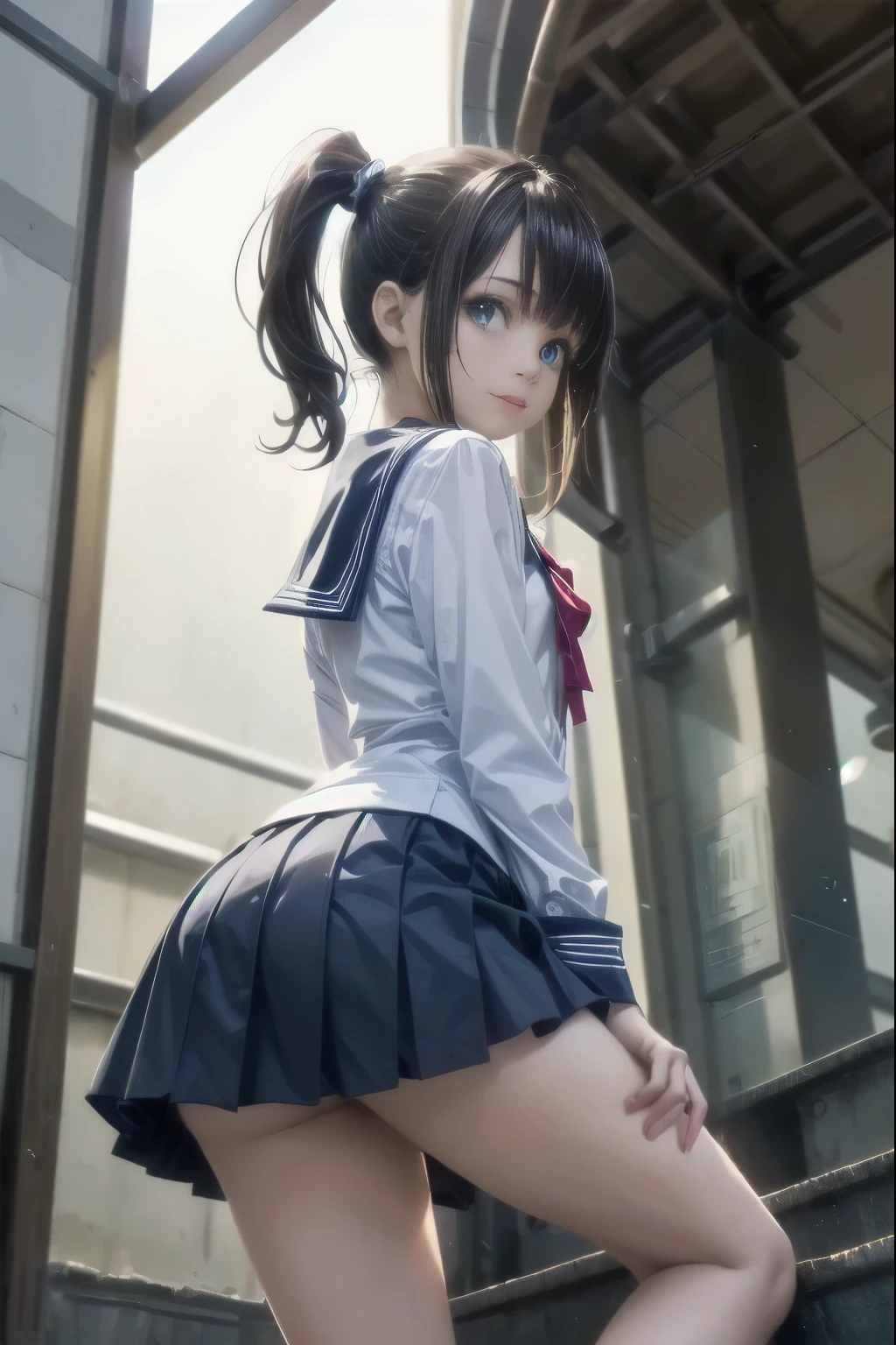 very cute and beautiful high school girl,(Highly detailed beautiful face and eyes:1.2),raw photo,realistic,loafers、sailor suit、
smile,black hair,(mini skirt),(from below:1.2),think back,from behind,leaning forward,(cowboy shot),beautiful feet,white panties,ponytail、
station stairs,Low - Angle、
(highest quality,masterpiece:1.2),intricate details,High resolution,1 girl,alone,cinematic lighting,
