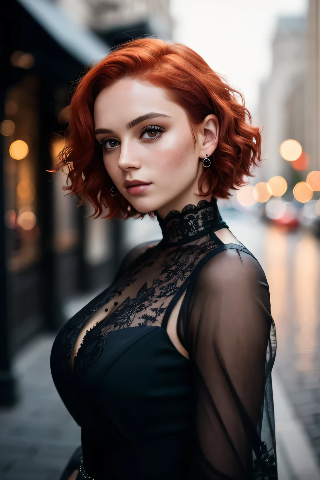 photo of a 25-year-old European girl, RAW, beautiful woman, (short chanel red hair), ((portrait)), ((detailed face: 1.2)), ((detailed facial features)), (finely detailed skin), pale skin, highly detailed deep neckline black dress, megacity environment, (cool colors), damp, damp, reflections, (masterpiece) (perfect proportion)(realistic photo)(best quality) (detailed) photographed on a Canon EOS R5, 50mm lens, F/2.8, HDR, (8k) (wallpaper) (cinematic lighting) (dramatic lighting) (sharp focus) (intricate)