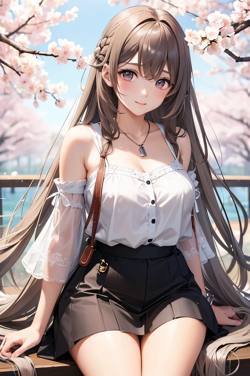ultra quality,detailed, masterpiece, 16k, high resolution, beautiful, amazing, charming, elegant, stylish BREAK 1 girl, 24 years old, ((adult female:1.2)), university student, Height is 158cm, ((Bust size is 84cm)) BREAK (Beautiful brown, Long hairstyle: 1.3), Beautiful and delicate flowing hair, (Delicate ,detailed ,Gray eyes: 1.2), sparkling eyes,(unusual pupils), (glowing eyes), (magic eyes) BREAK Casual clothes based on white, a pochette hanging from the shoulder, a cute necklace, a cute bracelet. BREAK cherry blossom viewing (hanami), The scene should capture her amidst a vibrant display of cherry blossoms, with hints of sunlight filtering through the trees, creating a picturesque setting that encapsulates the essence of springtime bliss.