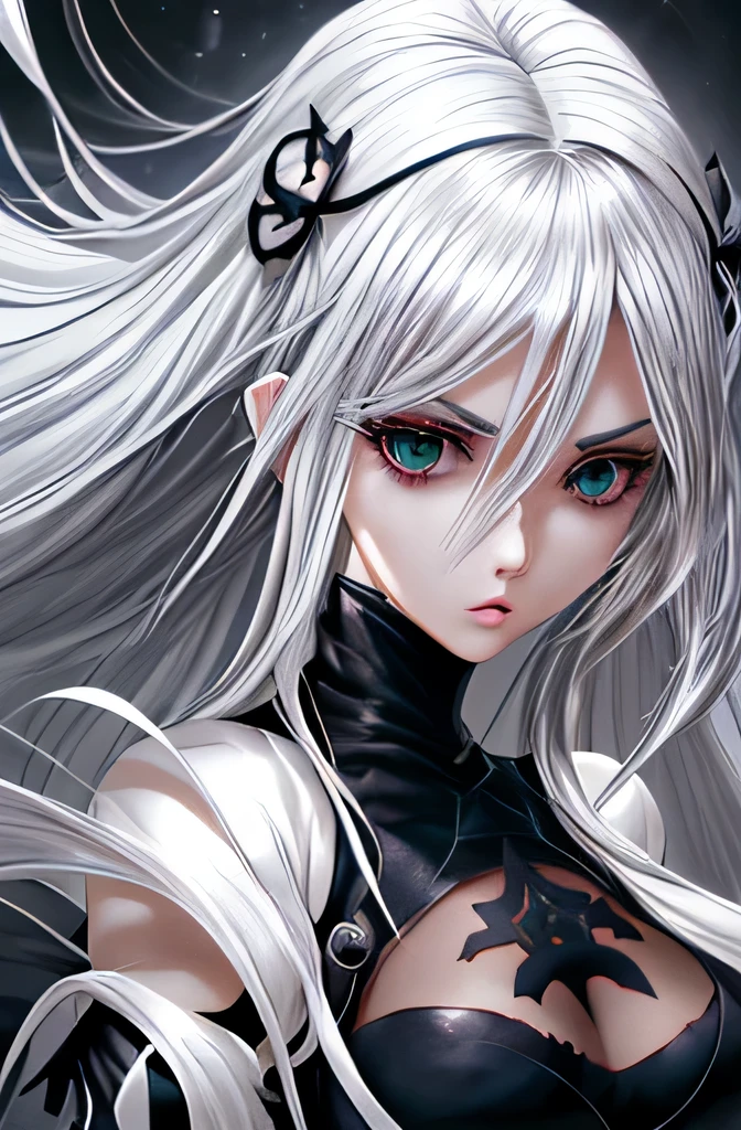 20th generation,1 woman,anime,cool beauty,silver hair,beautiful face,sharp outline,feminine eyebrows,whole body,medium long hair,ruins,YoRHa unit clothing,whole body,
