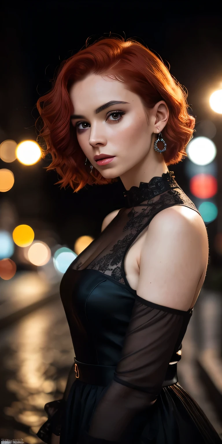 photo of a 25-year-old European girl, RAW, beautiful woman, (short chanel red hair), ((portrait)), ((detailed face: 1.2)), ((detailed facial features)), (finely detailed skin), pale skin, highly detailed deep neckline black dress, megacity environment, (cool colors), damp, damp, reflections, (masterpiece) (perfect proportion)(realistic photo)(best quality) (detailed) photographed on a Canon EOS R5, 50mm lens, F/2.8, HDR, (8k) (wallpaper) (cinematic lighting) (dramatic lighting) (sharp focus) (intricate)