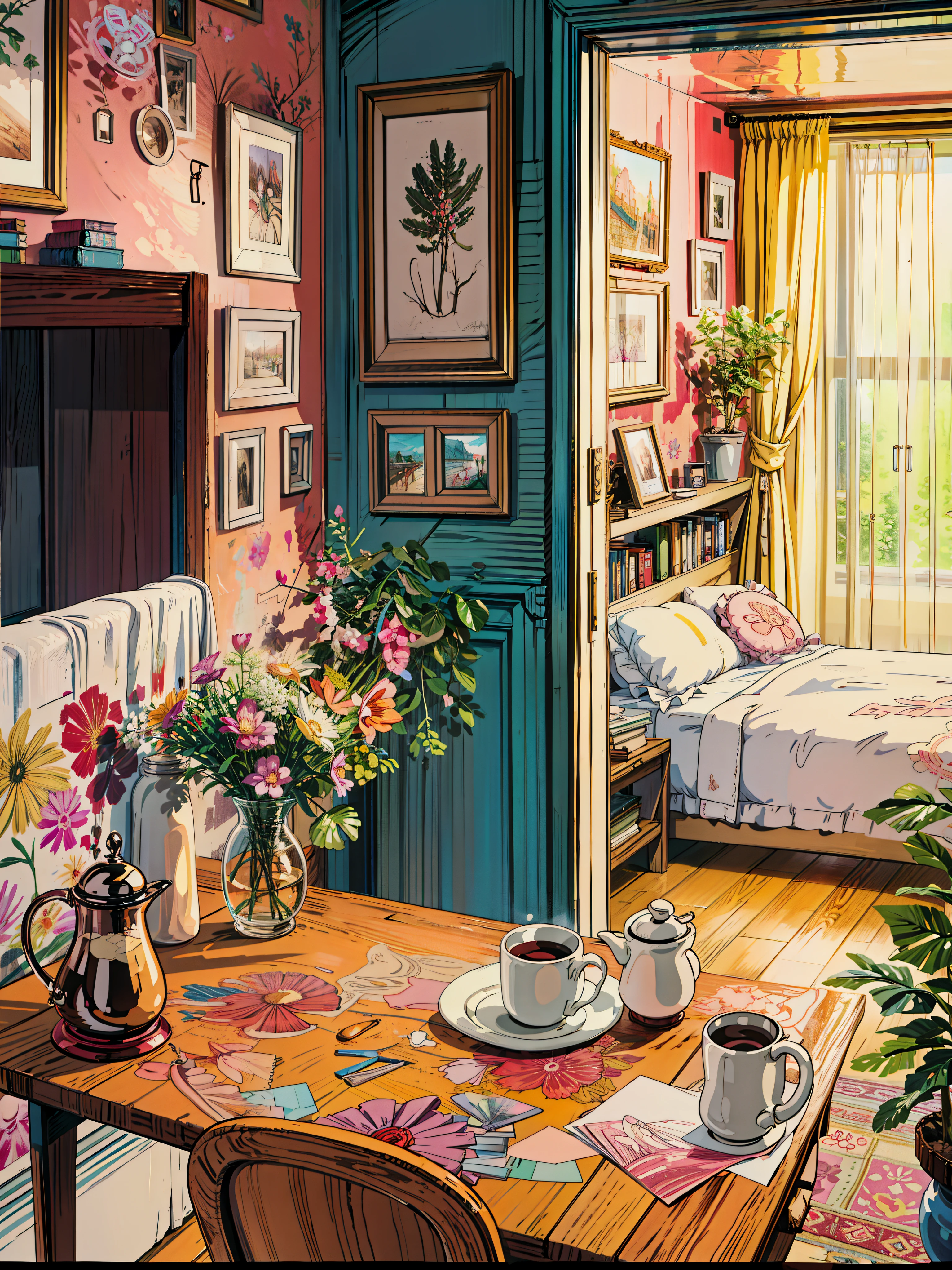 No people, a drawing of a room with a bed and a table, cozy cafe background, cozy wallpaper, cozy home background, happy cozy feelings, lofi vibe, cute room, cozy environment, happy ambience, lofi vibes, lofi album art, inside a cozy apartment, warm mood, lofi artstyle, cozy atmospheric, lofi aesthetic, a sunny bedroom, 4k hd,, beautiful art uhd 4 k, a beautiful artwork illustration, beautiful digital painting, highly detailed digital painting, beautiful digital artwork, detailed painting 4 k, very detailed digital painting, rich picturesque colors, gorgeous digital painting, no human