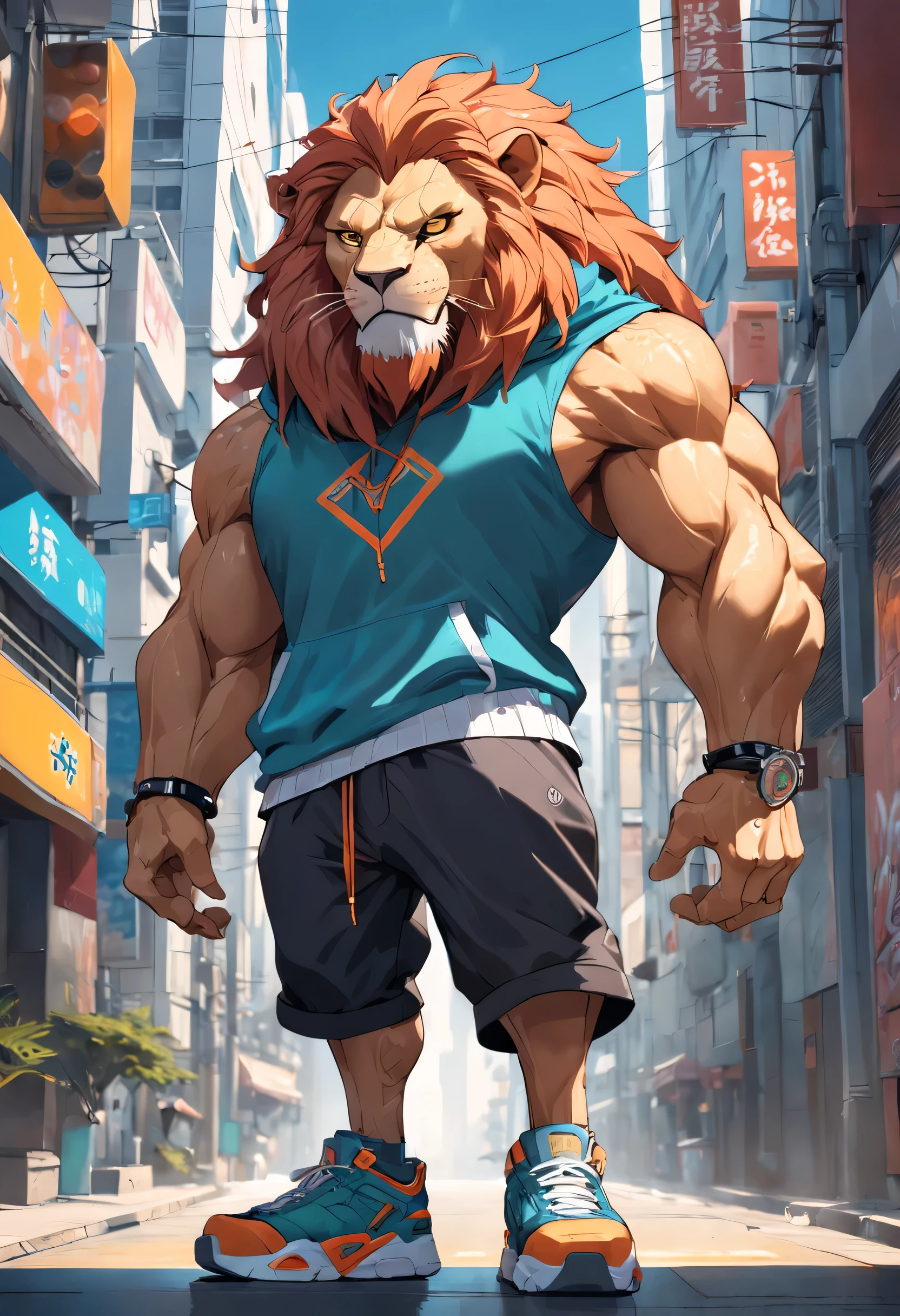 ((foto crua)), ((obra-prima)), Anthropomorphic humanoid lion wearing street clothes, andando entre as pessoas, detalhe intrincado, Greebles Intricate Pieces, city behind, tennis, corpo musculoso, muscular arms, Small head, ogro monstruoso, Titan, soft lighting, Hiper realista