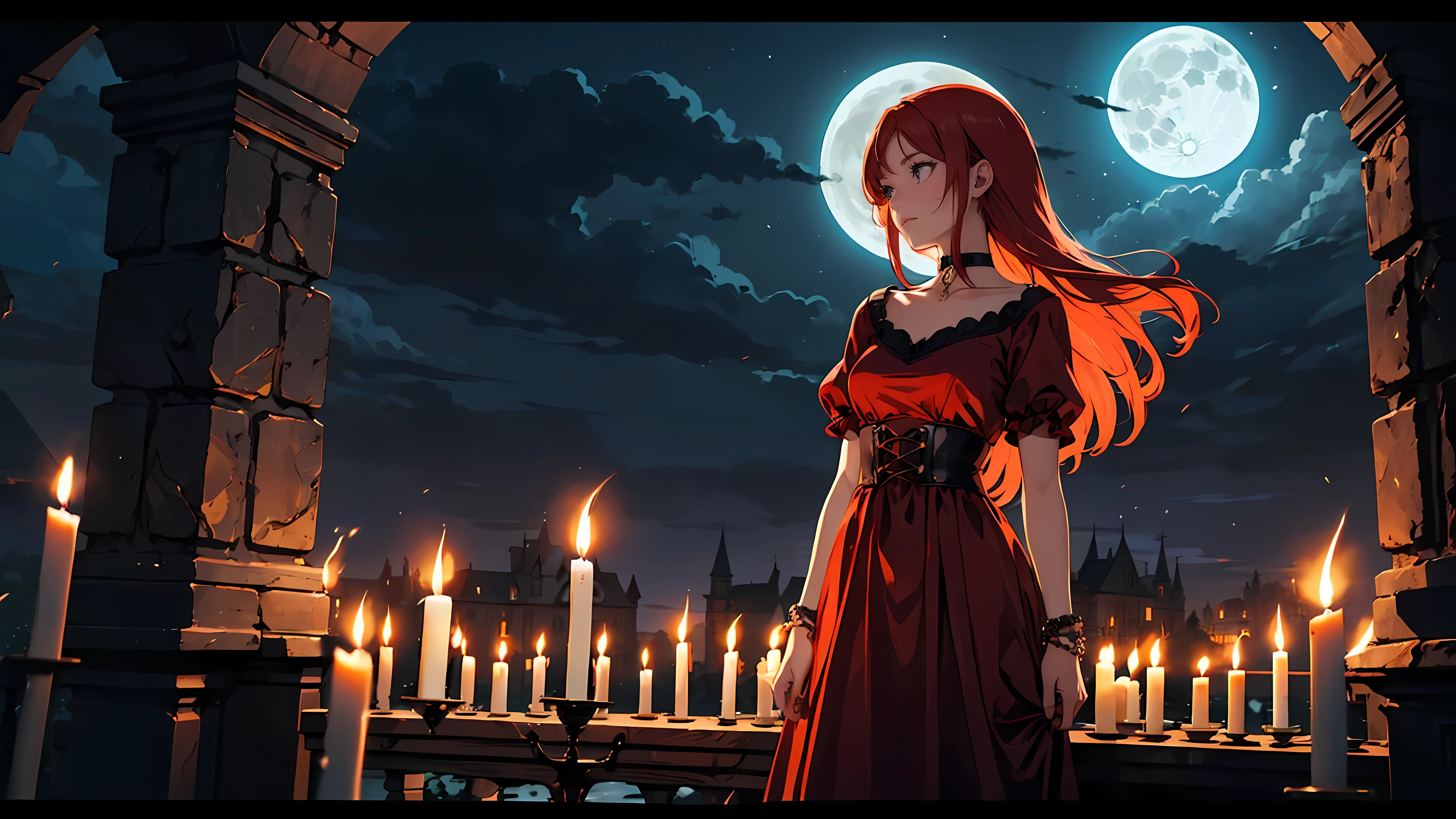 ((1girl)), long red hair, choker collar, bracelets, long red dress, standing, cowboy shot, gothic castle, night, nighttime, one moon, moonlight, candles, candlelight, dramatic lighting, cinematic lighting, 