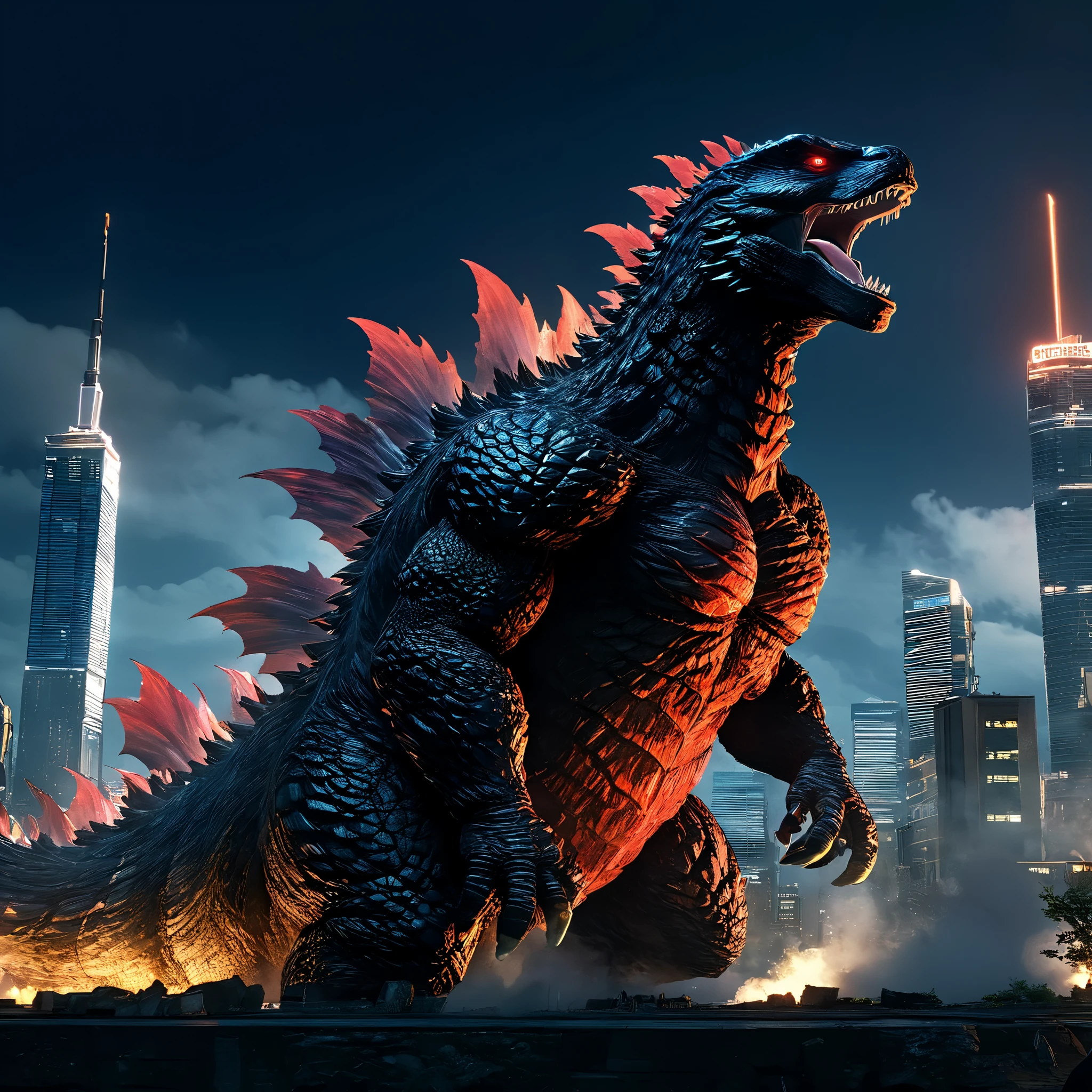 （romantic、Innocent、𝓡𝓸𝓶𝓪𝓷𝓽𝓲𝓬、Tyndall effect）,(movie godzilla:1.5)，The backdrop is a futuristic city, science fiction style, blue and violet, bright, Sky background at night. Super real photos,Unreal Engine , Photorealistic lighting, Surreal lighting, Unreal Engine art, Highly detailed scenes, rendered in Unreal Engine 4 k hq, rendered in Unreal Engine 4k hq, surreal lighting