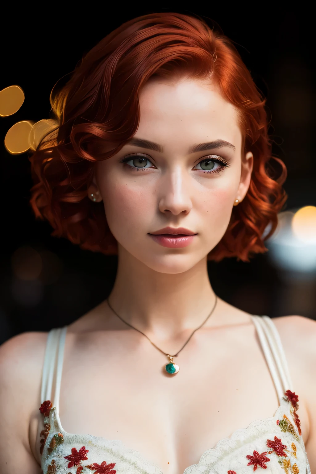 photo of a 25-year-old European girl, RAW, beautiful woman, (short chanel red hair), ((portrait)), ((detailed face: 1.2)), ((detailed facial features)), (finely detailed skin), pale skin, highly detailed deep neckline floral dress, megacity environment, (cool colors), damp, damp, reflections, (masterpiece) (perfect proportion)(realistic photo)(best quality) (detailed) photographed on a Canon EOS R5, 50mm lens, F/2.8, HDR, (8k) (wallpaper) (cinematic lighting) (dramatic lighting) (sharp focus) (intricate)
