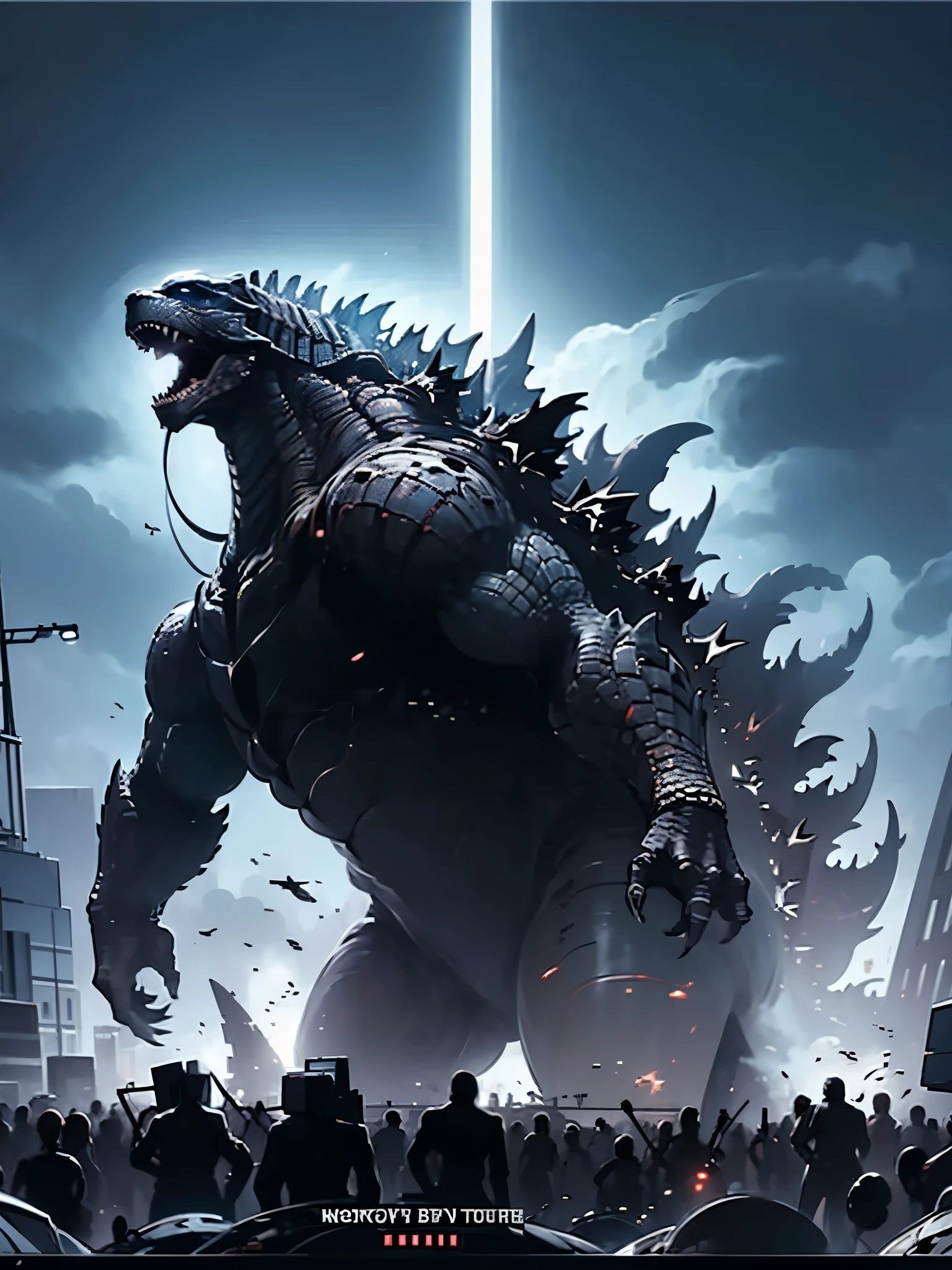 (masterpiece, best quality), best resolution, 1950s movie poster, Godzilla attacks a city, GodzillaXP, movie poster text