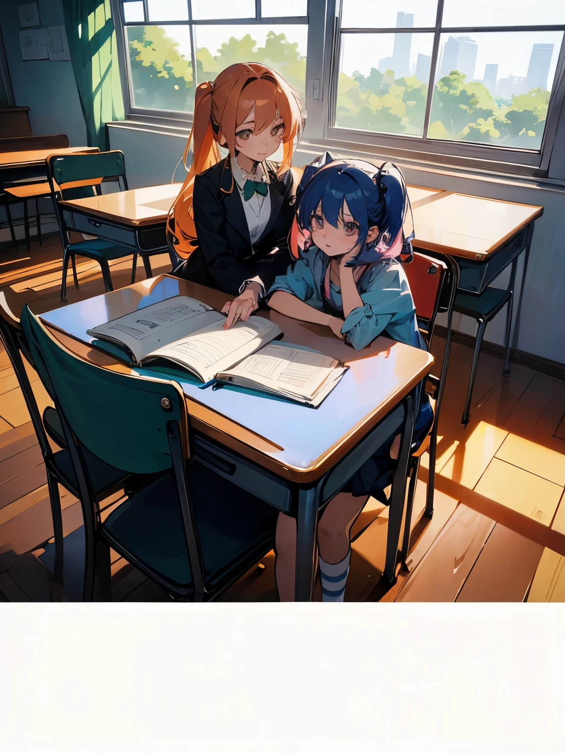 cartoon of two girls sitting at a table with a book and a backpack, an anime drawing by Naka Bokunen, tumblr, happening, ddlc, in the art style of 8 0 s anime, 9 0 s anime style, 90s anime style, in anime style, in an anime style, anime aesthetic, anime vibes, 9 0 s anime aesthetic, classic classroom with beautiful background window, beautiful girls sitting on his own desks, talking to each other, the first girl has golden hair, the second girl has black hair 