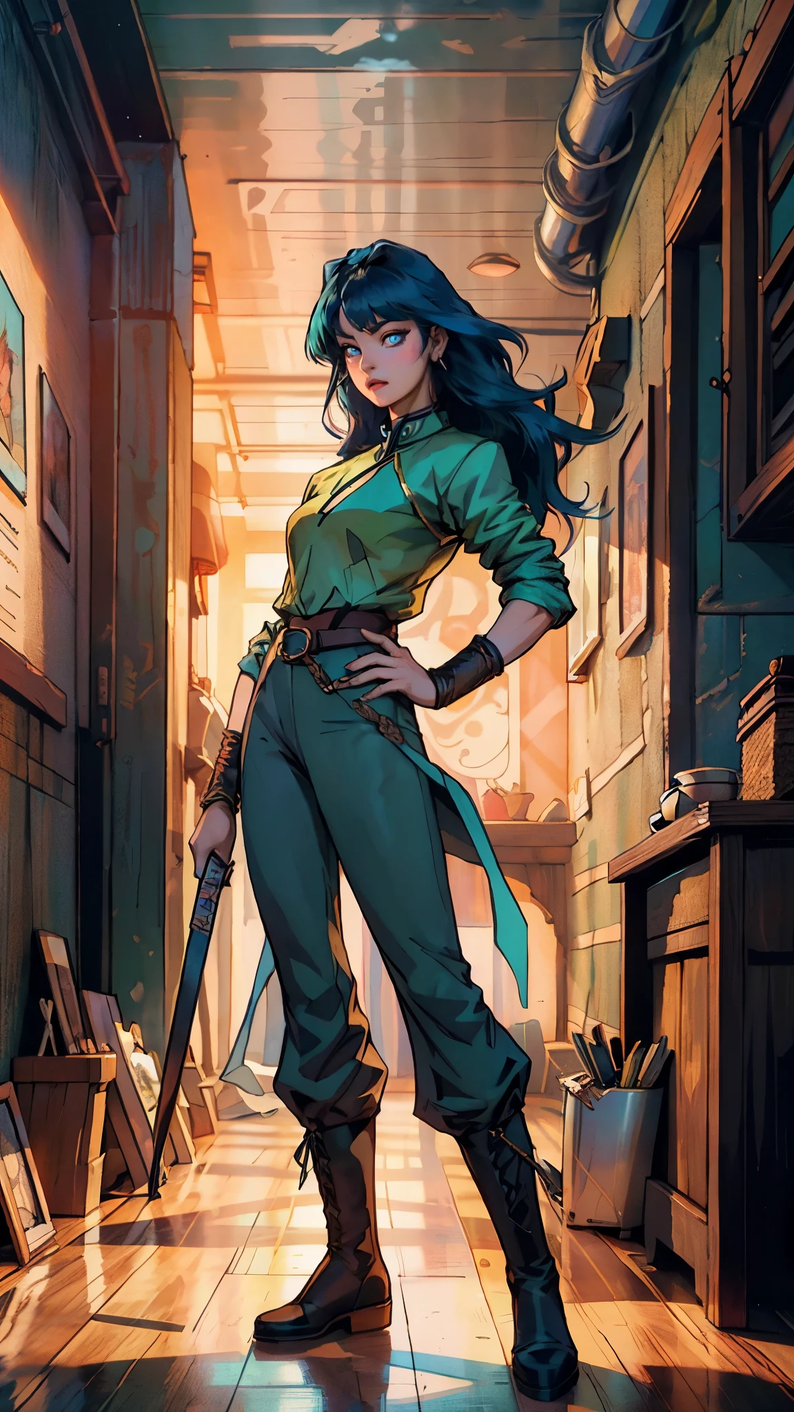 ((A young woman with flowing long dark blue hair, long side part bangs covering the right side of her face, sharp upward-arched thick eyebrows, large expressive eyes, a delicate oval face, a sensual wide mouth, a mocking expression, a fantasy martial arts-style emerald green short jacket with a blue undershirt, a high collar, rolled-up sleeves, matching fabric pants, a yellow waist belt, leather combat boots, one hand rests on her hip, surrounded by a cyan energy aura, standing in a fantasy style Chinese tavern)), this character embodies a finely crafted a fantasy martial arts heroine in anime style, exquisite and mature manga art style, pale skin, high definition, best quality, highres, ultra-detailed, ultra-fine painting, extremely delicate, professional, anatomically correct, symmetrical face, extremely detailed eyes and face, high quality eyes, creativity, RAW photo, UHD, 32k, Natural light, cinematic lighting, masterpiece-anatomy-perfect, masterpiece:1.5