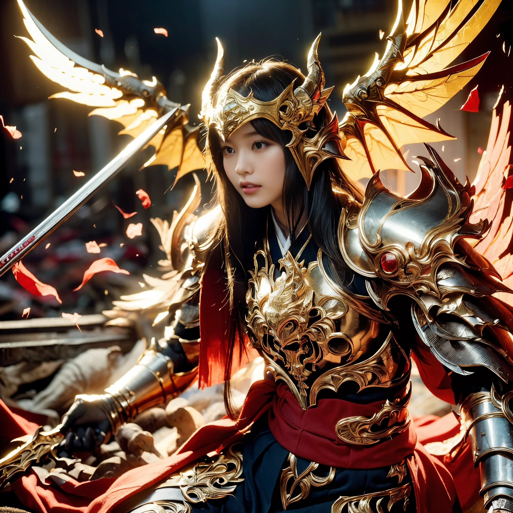 (((Realistic, masterpiece, best quality, crisp detail, high definition, high detail, very rich detail, sharp focus, sharp detail, colorful, perfect studio lightning))), ((20 years old goddess, kasumi arimura, flying, floating)),(((in the middle of war, epic war scene))), wearing (((beautiful decorated golden heavy armor, dragon armor, decorated full body armor, fully armored beautiful kimono, wide golden wings))), (flying, floating, attack stance, holding fantasy weapon, blood scattered face, blood tears, blood bath, blood shed), (((fire everywhere, blood everywhere, death everywhere, japan bakumatsu period, dead bodies,carcass,burned japanese castle,hellish,chaos)) traditional village background)