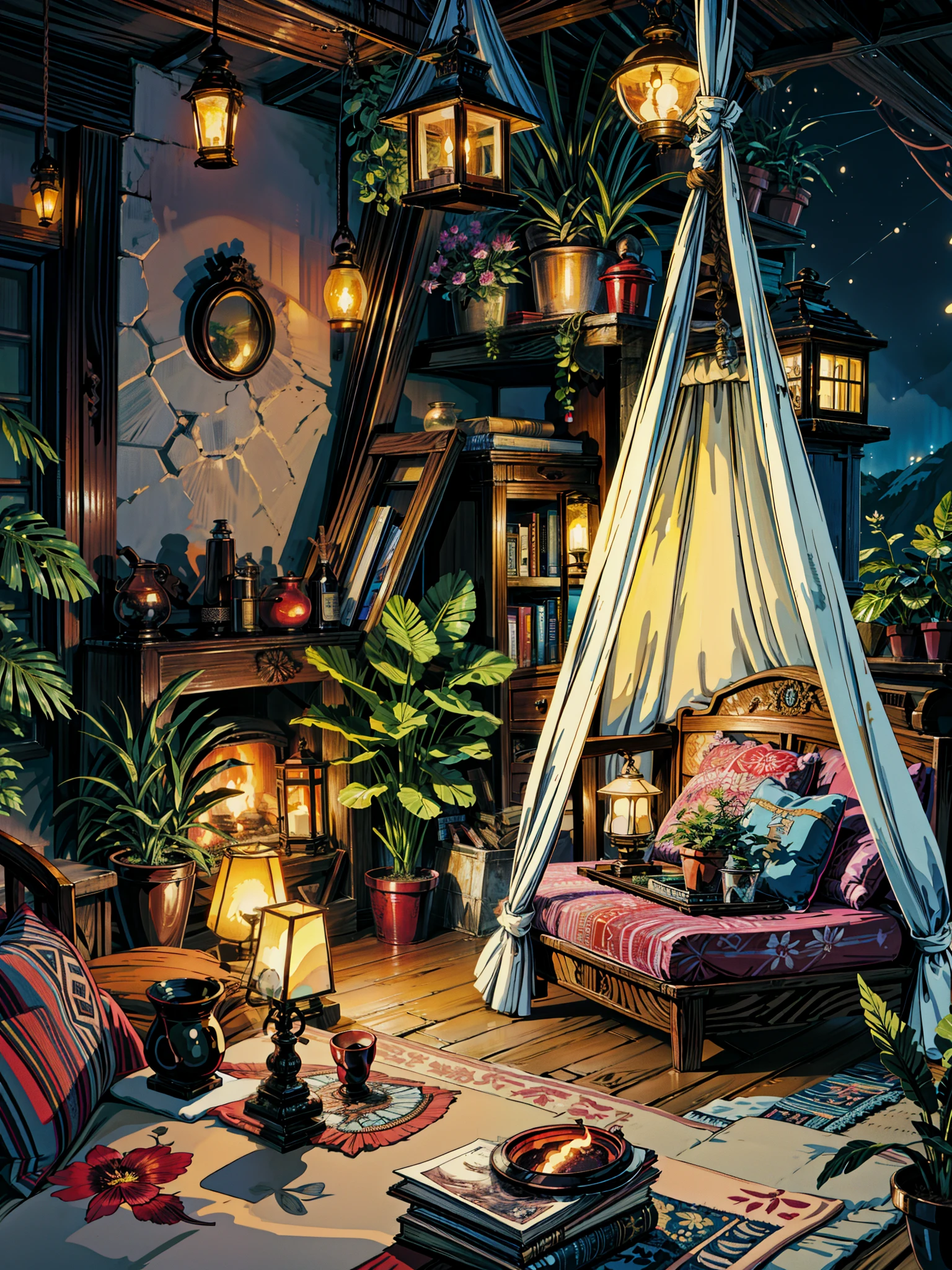 a room filled with lots of plants and furniture, cozy night fireflies, cozy and peaceful atmosphere, cosy enchanted scene, dream atmosphere, cozy atmosphere, lush plants and lanterns, cozy place, pleasant cozy atmosphere, dream scenery art, night outdoors, cosy atmosphere, dreamy illustration, comfy ambience, night under the starry sky, dream - like atmosphere, 4k hd,, beautiful art uhd 4 k, a beautiful artwork illustration, beautiful digital painting, highly detailed digital painting, beautiful digital artwork, detailed painting 4 k, very detailed digital painting, rich picturesque colors, gorgeous digital painting
