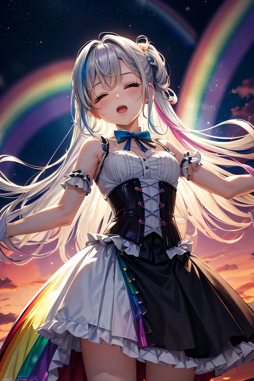 spread both arms、open your mouth、close your eyes、、(((Rainbow-colored)))corset、Rainbow-coloredのミニスカート、Panty shot、Beautiful Girl Magician、silver hair up style、((whole body))、(((photo taken from below)))、The background is night